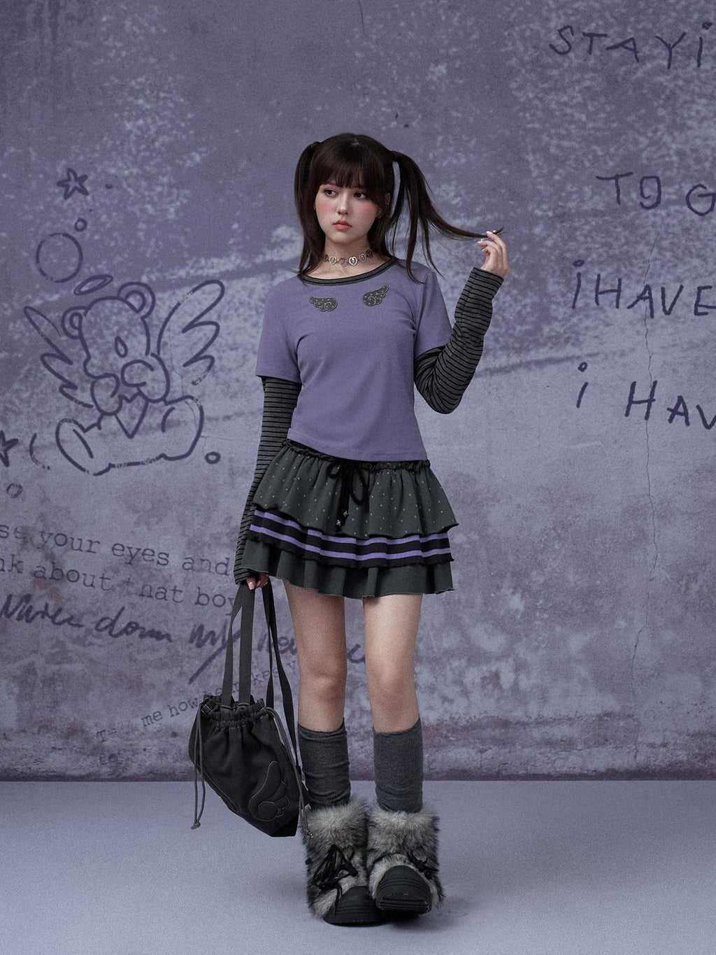 SagiDolls Gray Purple Cake Three Layer Ribbon Tie Women's Ribbed Cotton Tiered Skirts