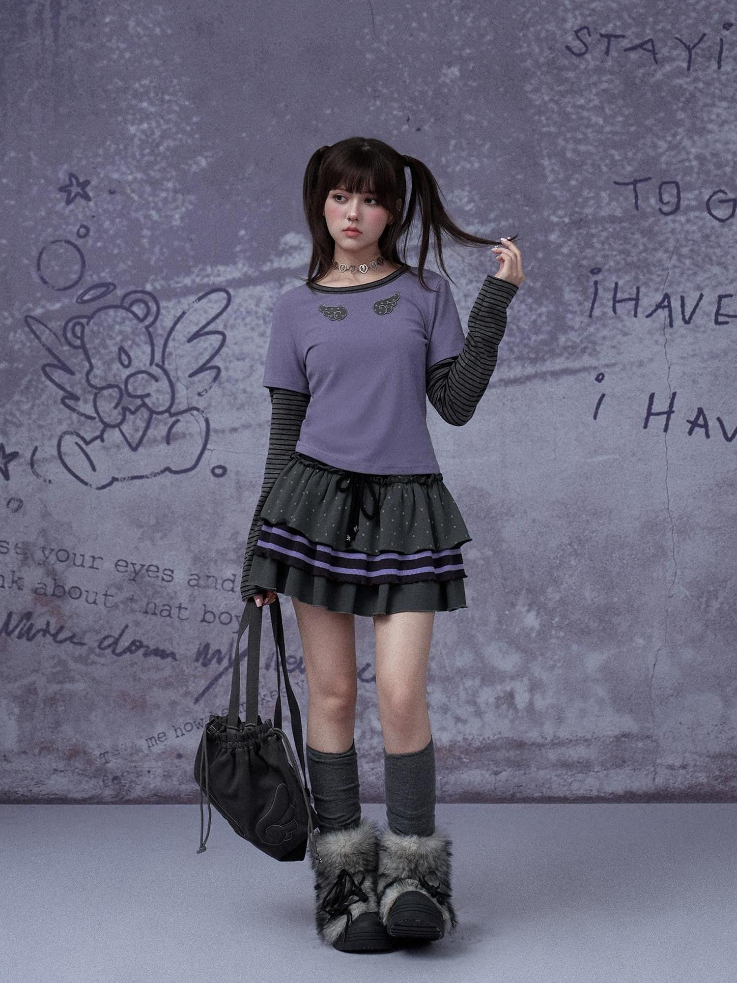 SagiDolls Gray Purple Cake Three Layer Ribbon Tie Women's Ribbed Cotton Tiered Skirts