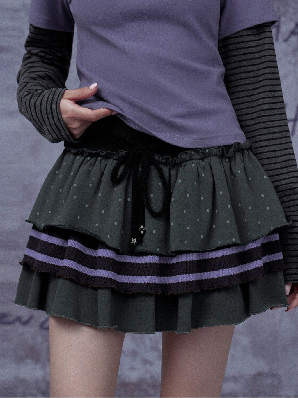 SagiDolls Gray Purple Cake Three Layer Ribbon Tie Women's Ribbed Cotton Tiered Skirts