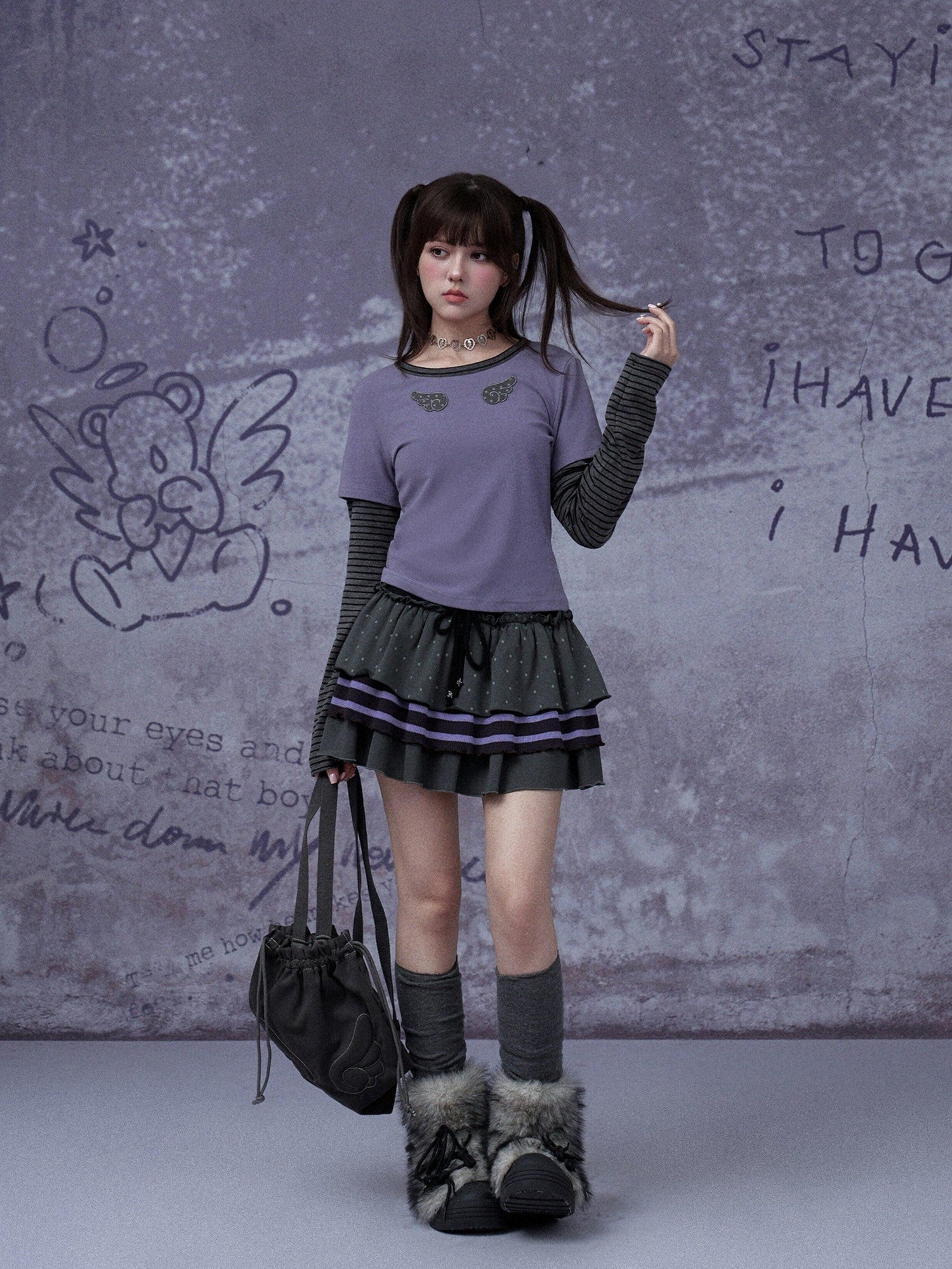 SagiDolls Gray Purple Cake Three Layer Ribbon Tie Women's Ribbed Cotton Tiered Skirts