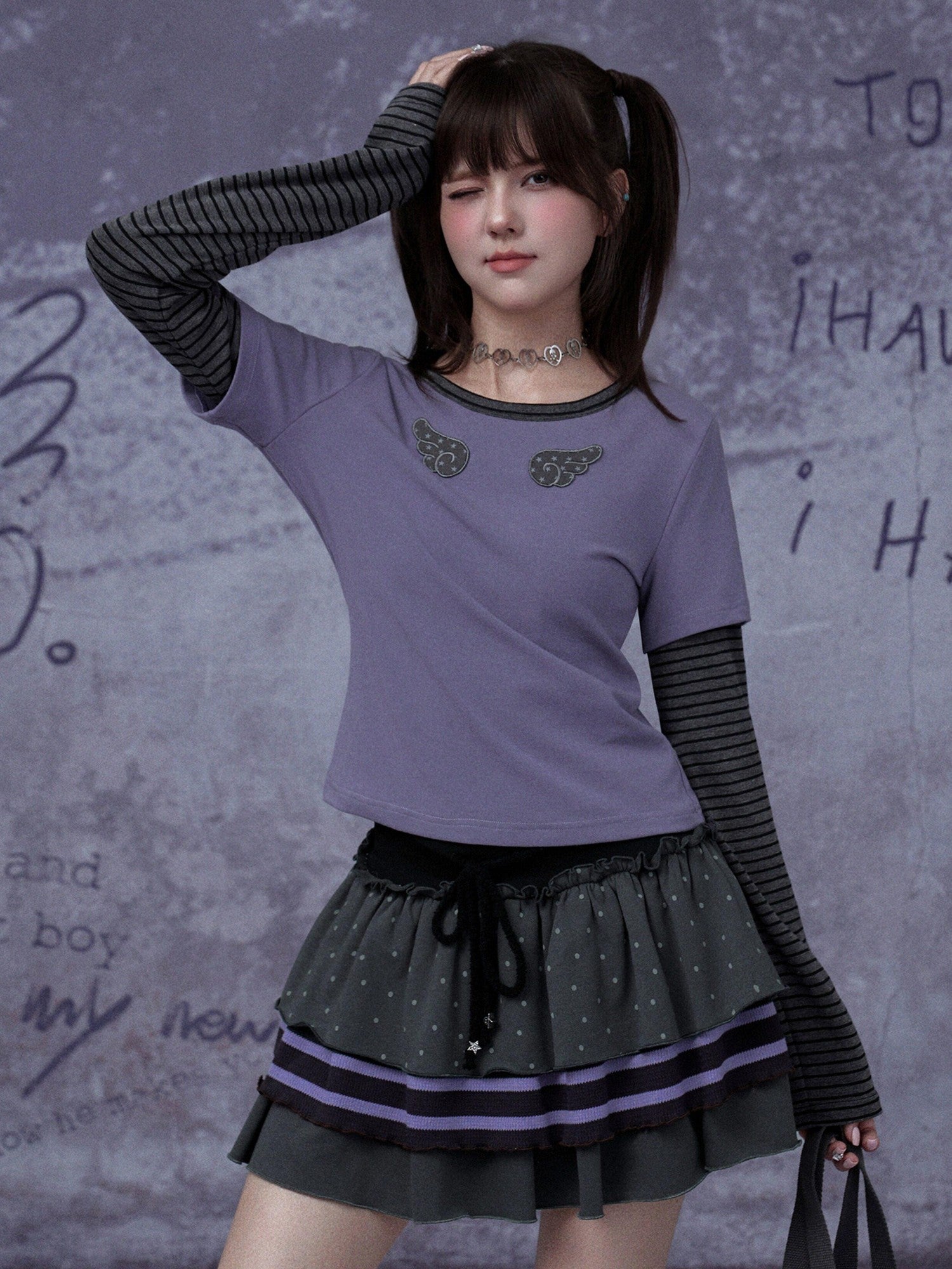 SagiDolls Gray Purple Cake Three Layer Ribbon Tie Women's Ribbed Cotton Tiered Skirts