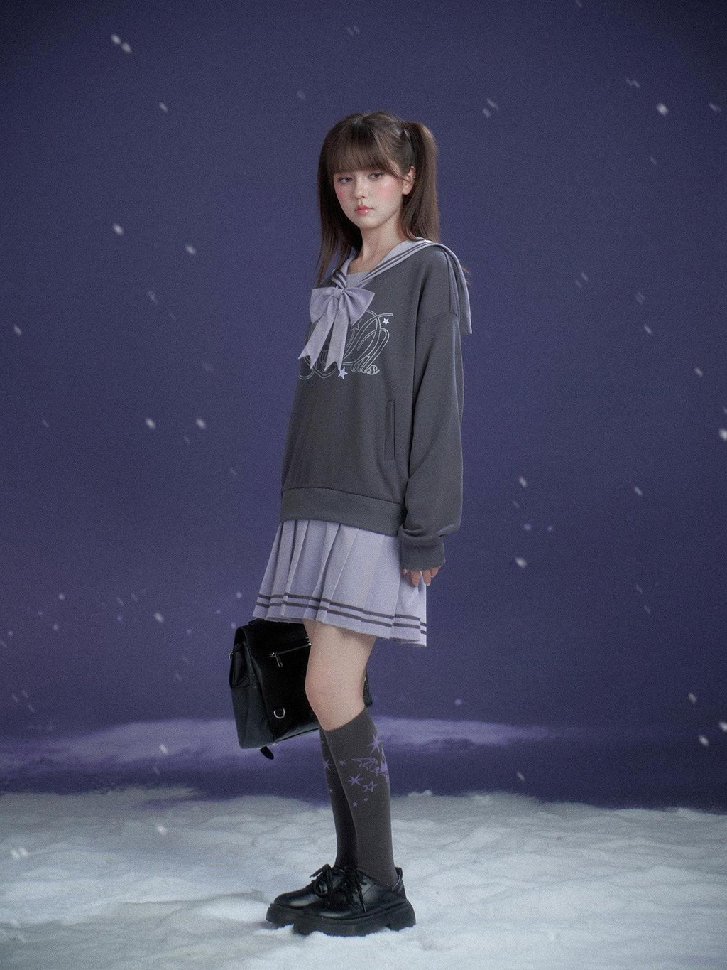SagiDolls Gray Purple Graffiti Jacquard Cartoon Women's Cotton Blend Crew Socks