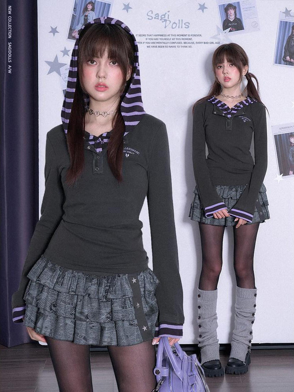 SagiDolls Gray Purple Patchwork Embroidered Women's Cotton Blend Long Sleeve T-shirts
