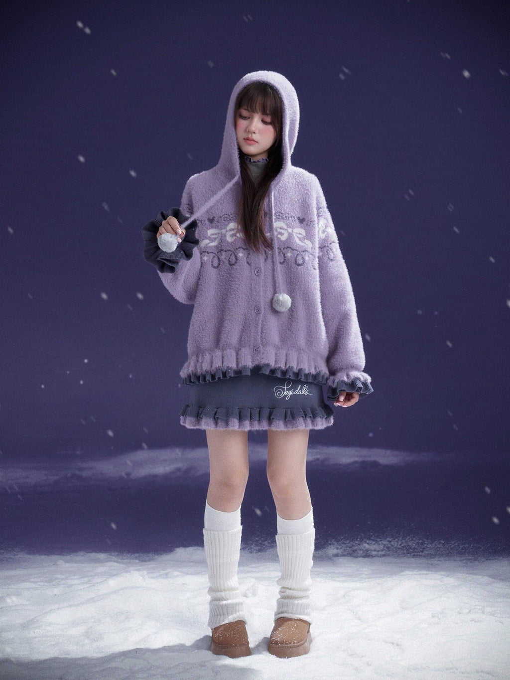 SagiDolls Gray Purple Ruffle Patchwork Bow Hooded Lantern Sleeves Women's Knit Sweaters