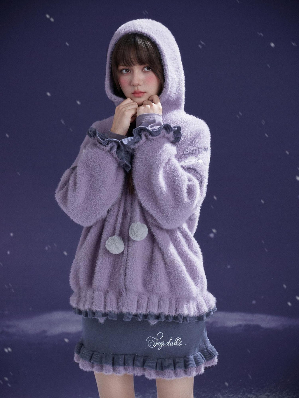 SagiDolls Gray Purple Ruffle Patchwork Bow Hooded Lantern Sleeves Women's Knit Sweaters