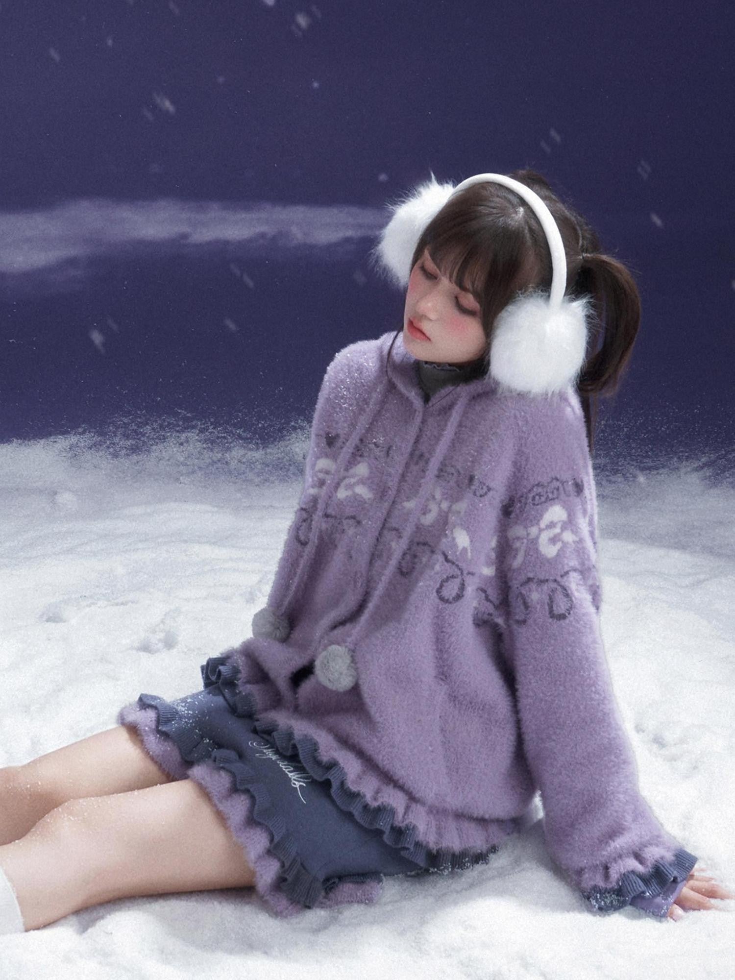 SagiDolls Gray Purple Ruffle Patchwork Bow Hooded Lantern Sleeves Women's Knit Sweaters