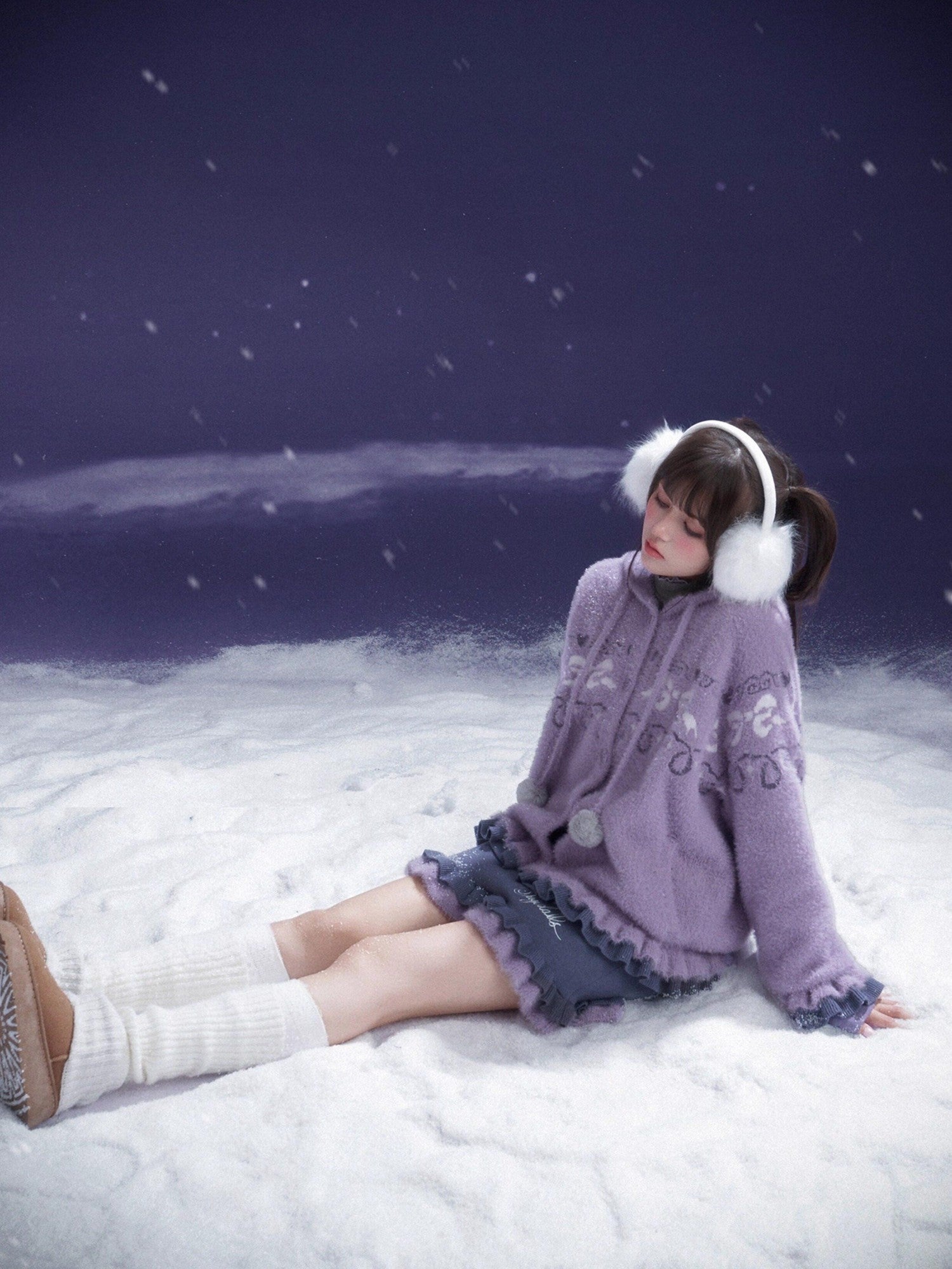 SagiDolls Gray Purple Ruffle Patchwork Bow Hooded Lantern Sleeves Women's Knit Sweaters