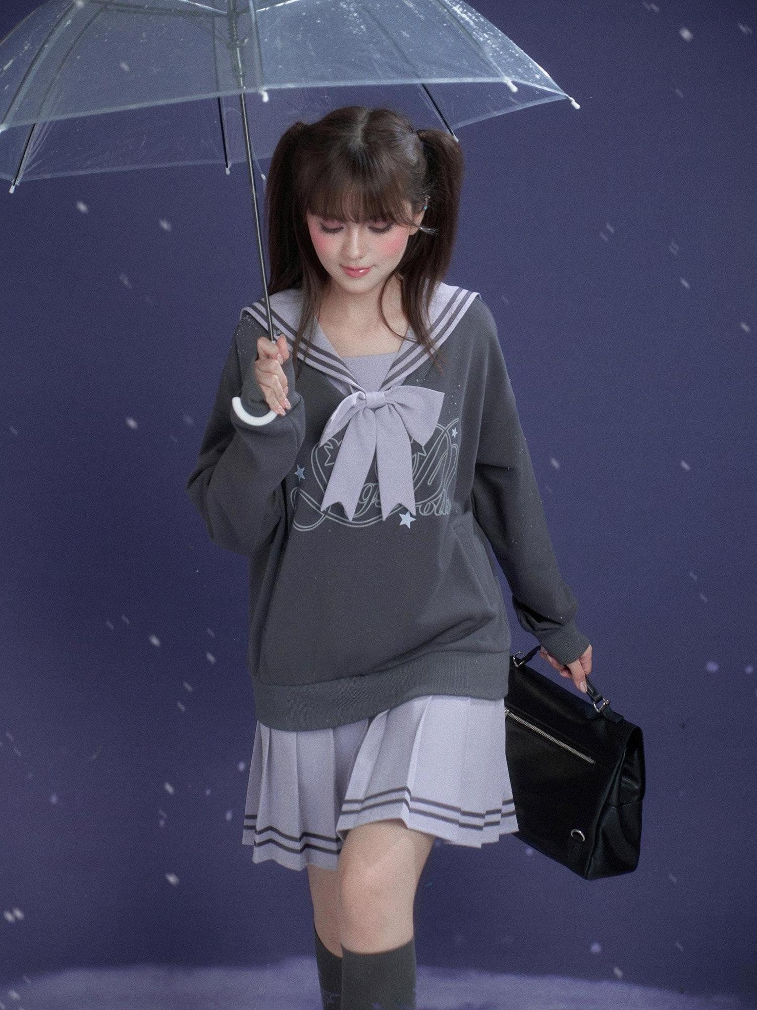 SagiDolls Gray Purple Sailor Collar Mock Two Piece Women's Cotton Casual Mini Dresses