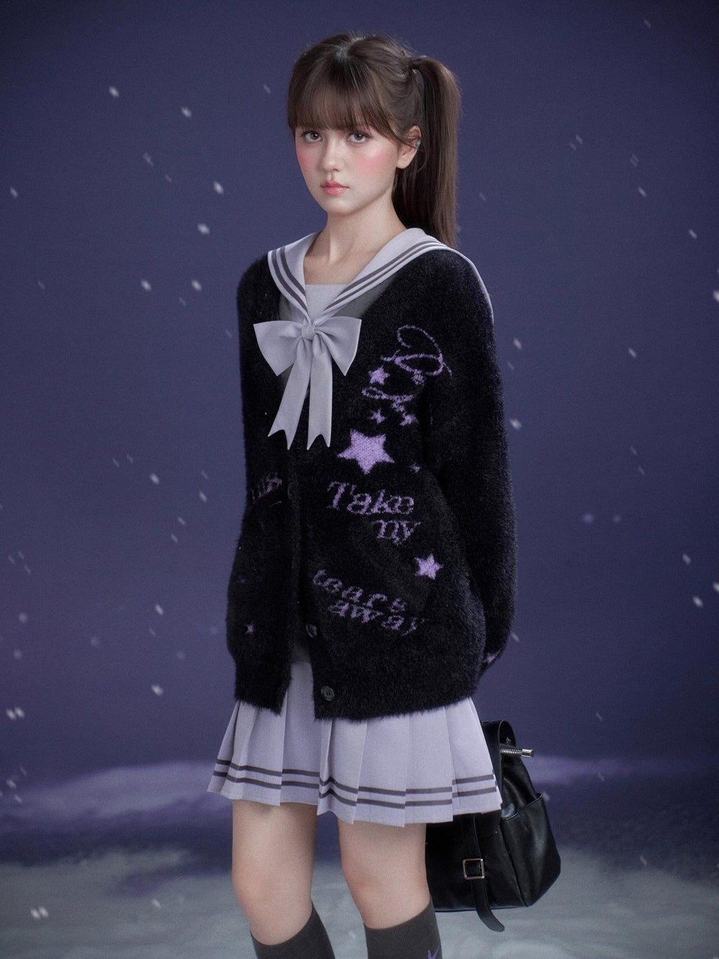 SagiDolls Gray Purple Sailor Collar Mock Two Piece Women's Cotton Casual Mini Dresses