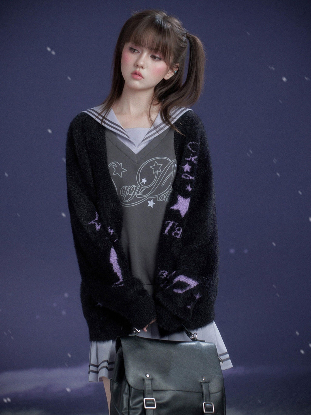 SagiDolls Gray Purple Sailor Collar Mock Two Piece Women's Cotton Casual Mini Dresses