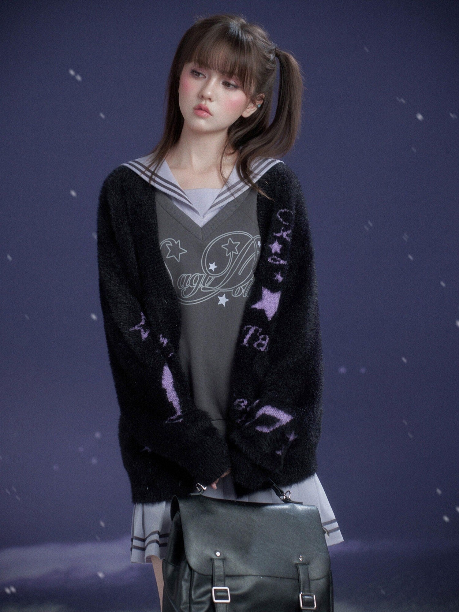 SagiDolls Gray Purple Sailor Collar Mock Two Piece Women's Cotton Casual Mini Dresses