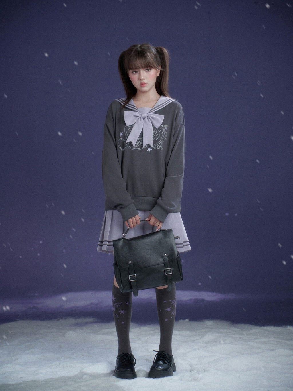 SagiDolls Gray Purple Sailor Collar Mock Two Piece Women's Cotton Casual Mini Dresses