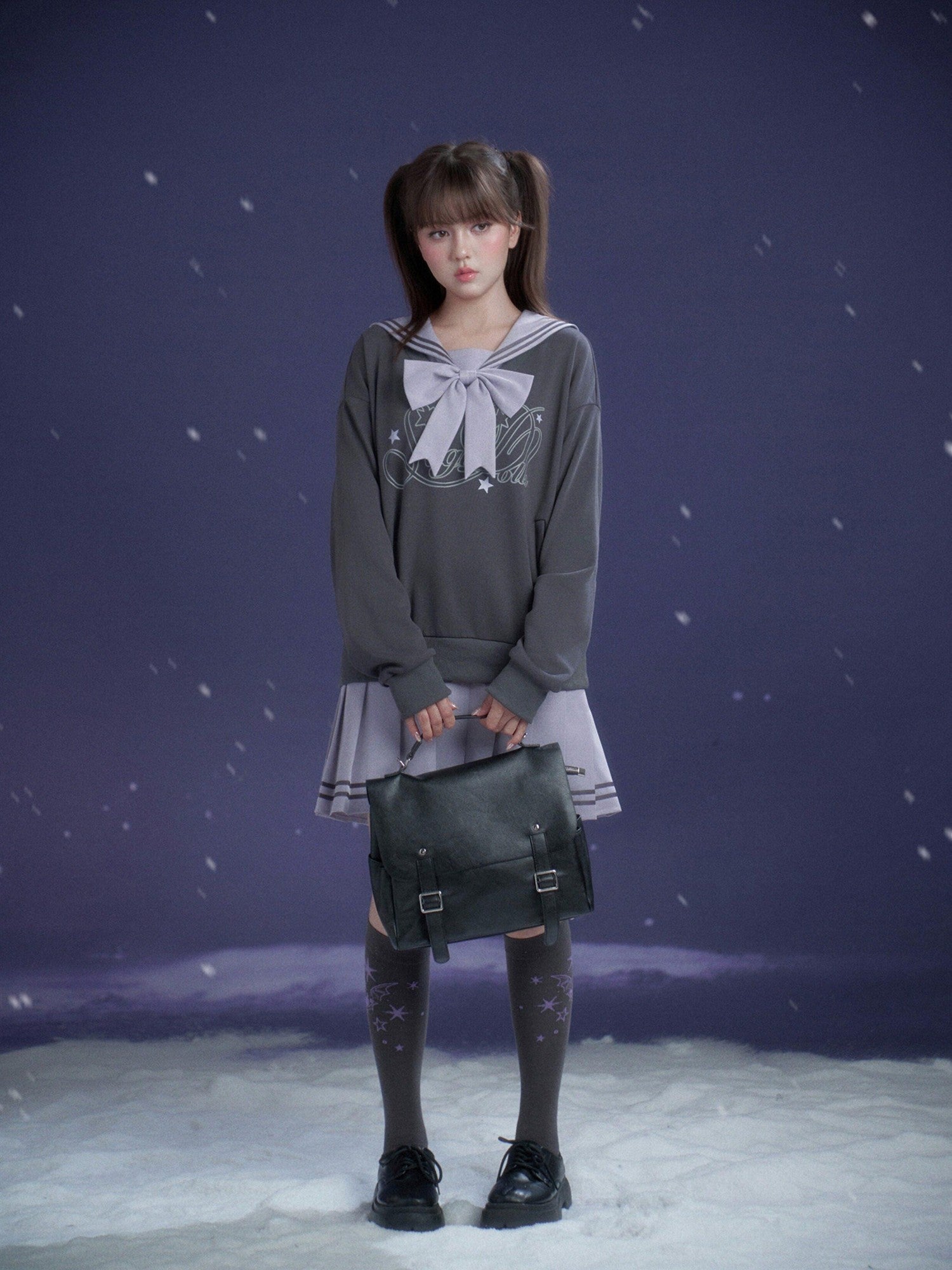 SagiDolls Gray Purple Sailor Collar Mock Two Piece Women's Cotton Casual Mini Dresses