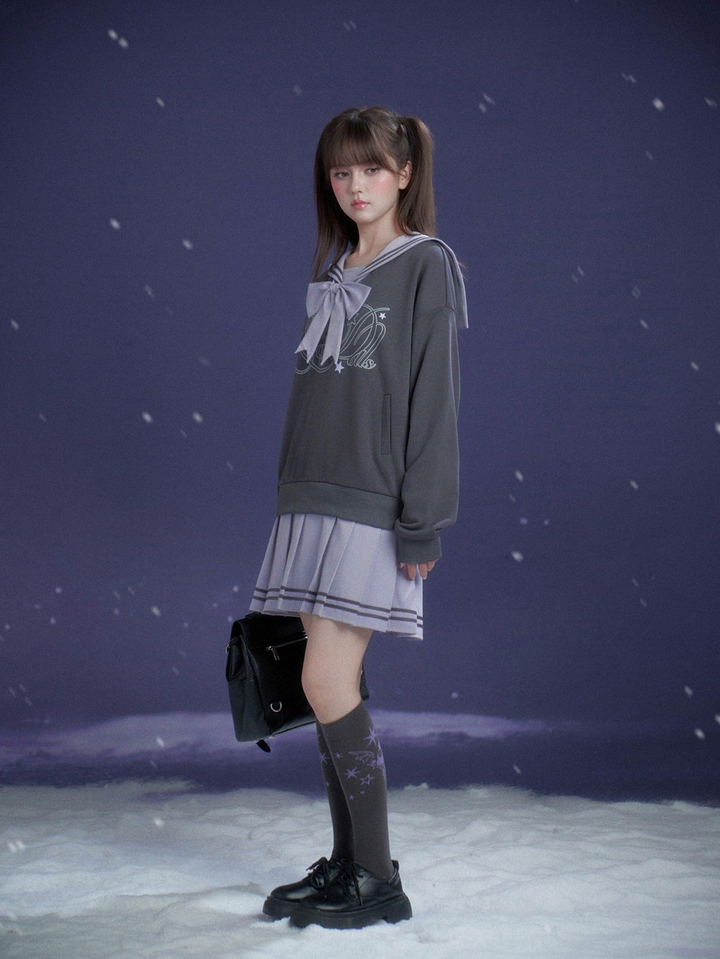SagiDolls Gray Purple Sailor Collar Mock Two Piece Women's Cotton Casual Mini Dresses