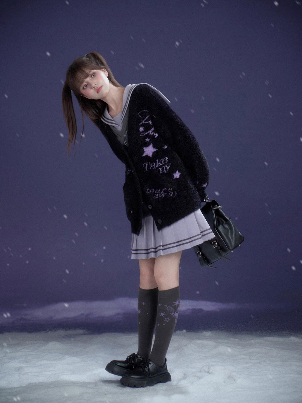 SagiDolls Gray Purple Sailor Collar Mock Two Piece Women's Cotton Casual Mini Dresses