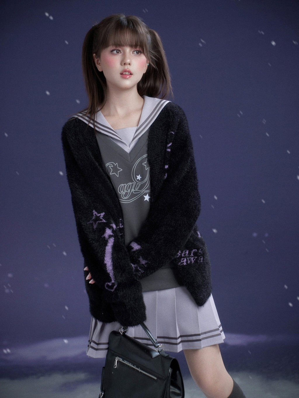 SagiDolls Gray Purple Sailor Collar Mock Two Piece Women's Cotton Casual Mini Dresses