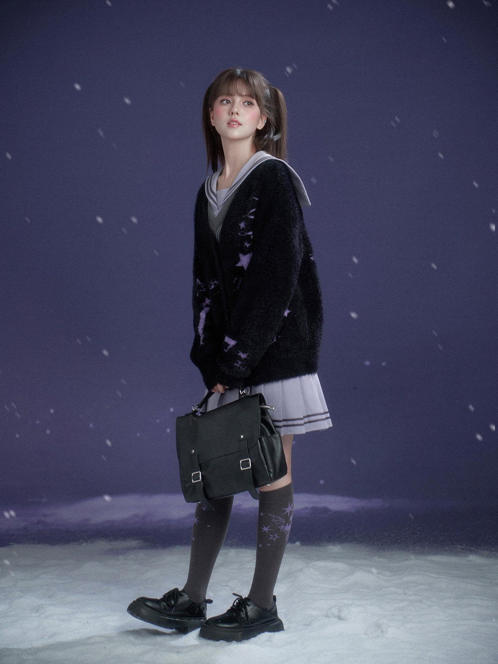 SagiDolls Gray Purple Sailor Collar Mock Two Piece Women's Cotton Casual Mini Dresses