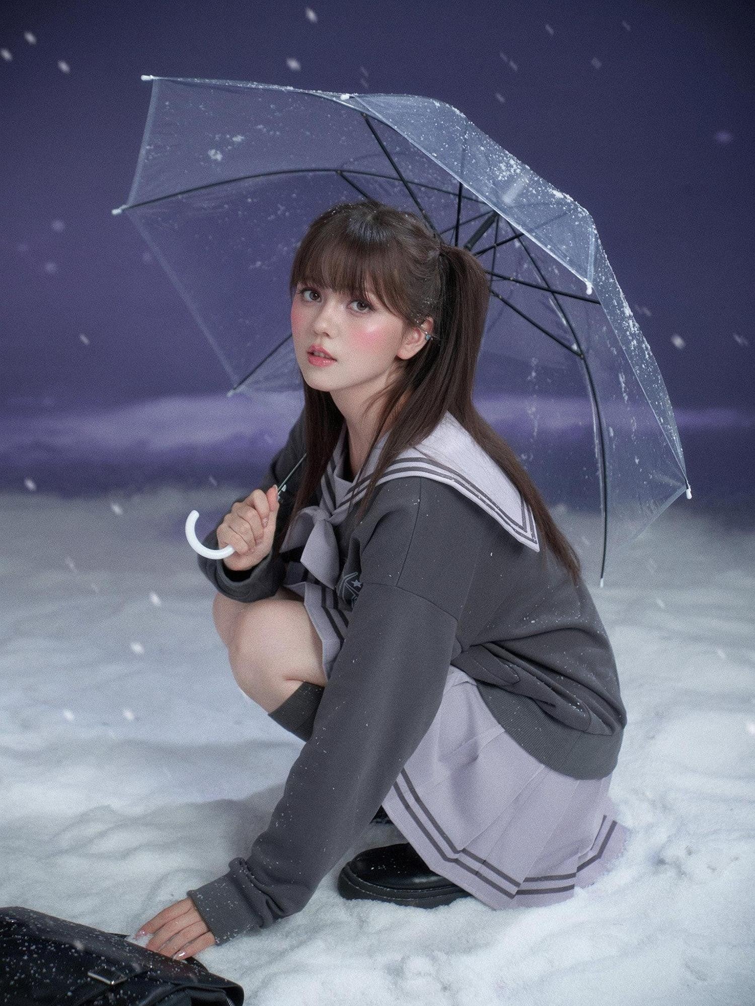 SagiDolls Gray Purple Sailor Collar Mock Two Piece Women's Cotton Casual Mini Dresses