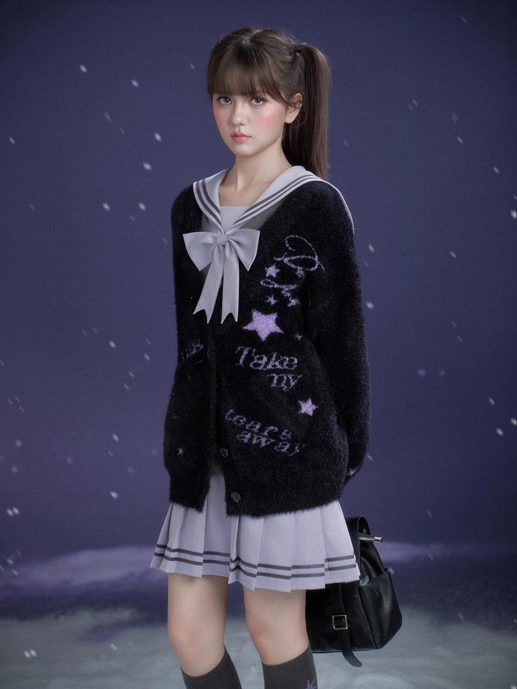 SagiDolls Gray Purple Sailor Collar Mock Two Piece Women's Cotton Casual Mini Dresses