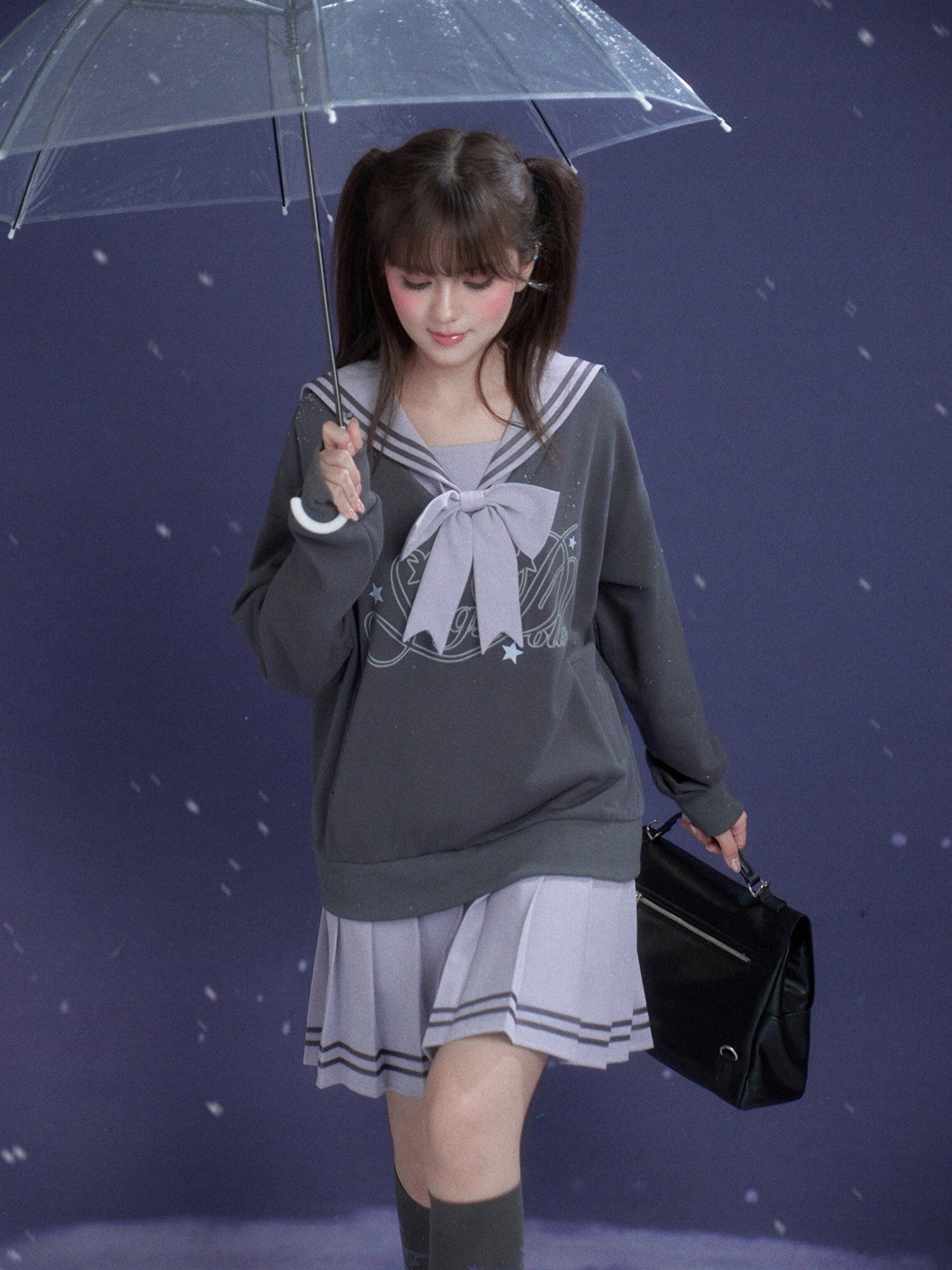 SagiDolls Gray Purple Sailor Collar Mock Two Piece Women's Cotton Casual Mini Dresses