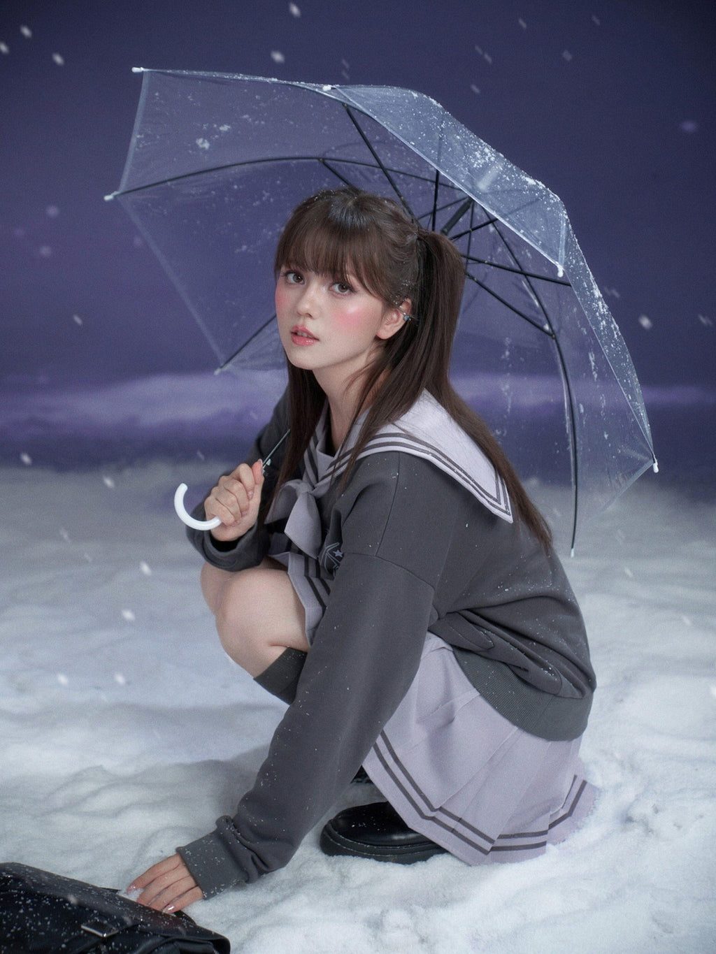 SagiDolls Gray Purple Sailor Collar Mock Two Piece Women's Cotton Casual Mini Dresses