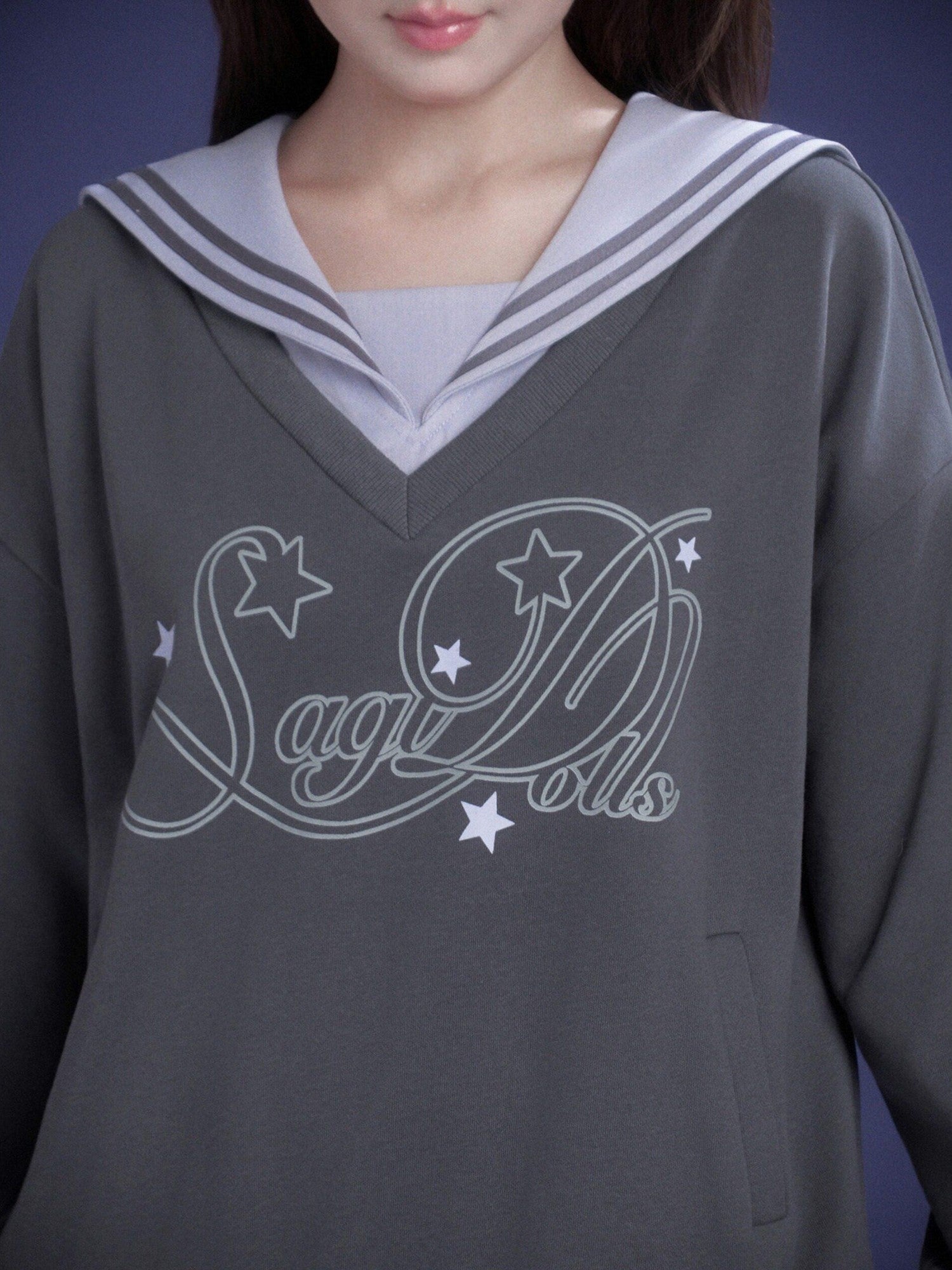 SagiDolls Gray Purple Sailor Collar Mock Two Piece Women's Cotton Casual Mini Dresses