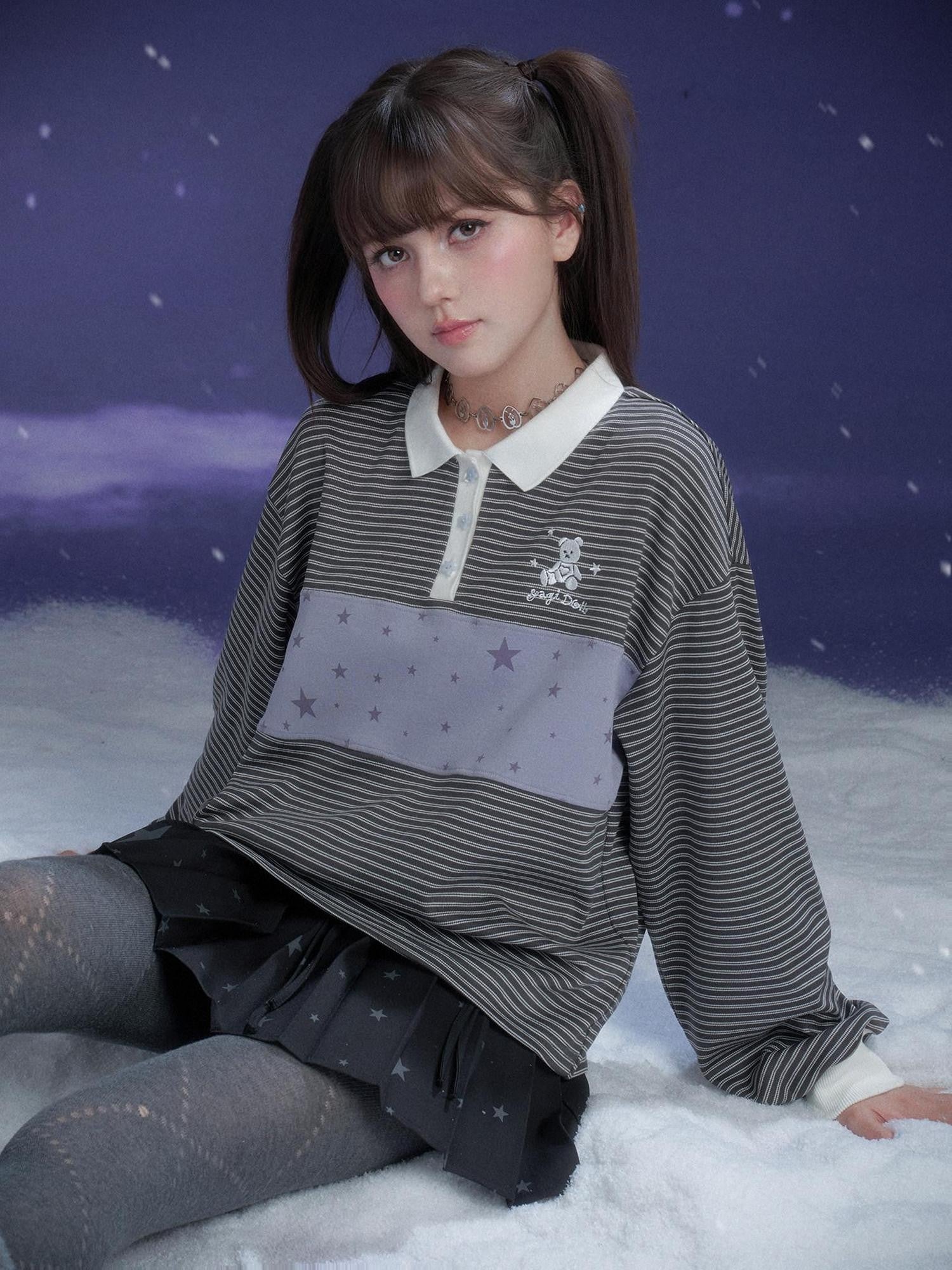SagiDolls Gray Purple Striped Embroidered Print Polo Women's Long Sleeve T-shirts