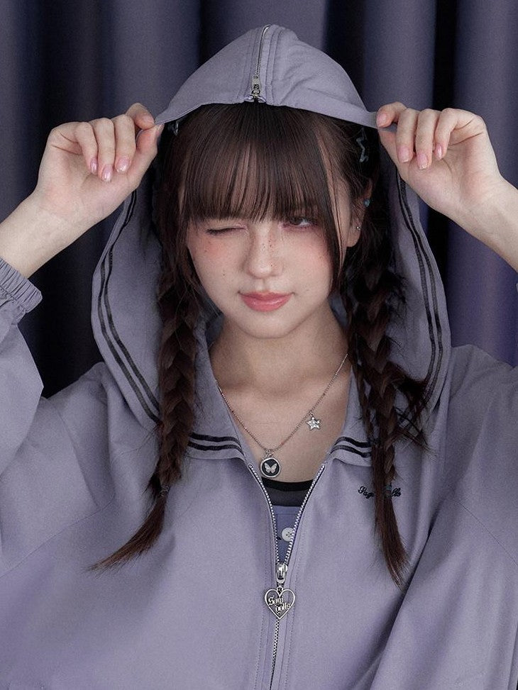 SagiDolls Gray Purple Two Tone Embroidered Sailor Collar Tie Women's Zip-up Hoodies