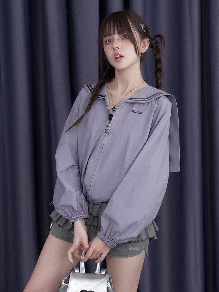 SagiDolls Gray Purple Two Tone Embroidered Sailor Collar Tie Women's Zip-up Hoodies