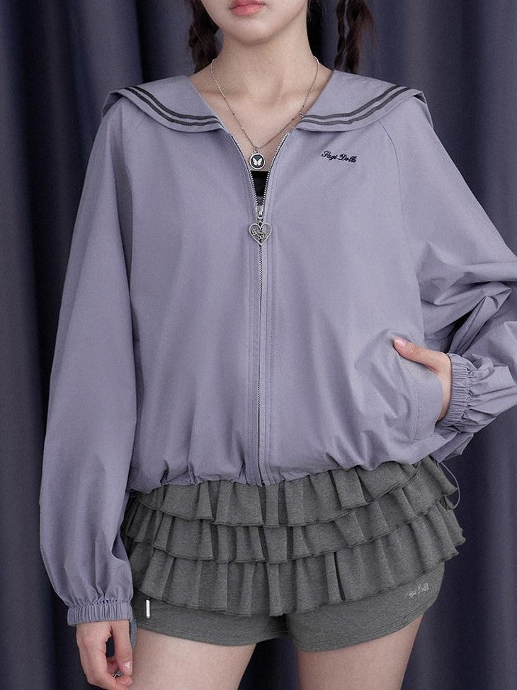 SagiDolls Gray Purple Two Tone Embroidered Sailor Collar Tie Women's Zip-up Hoodies