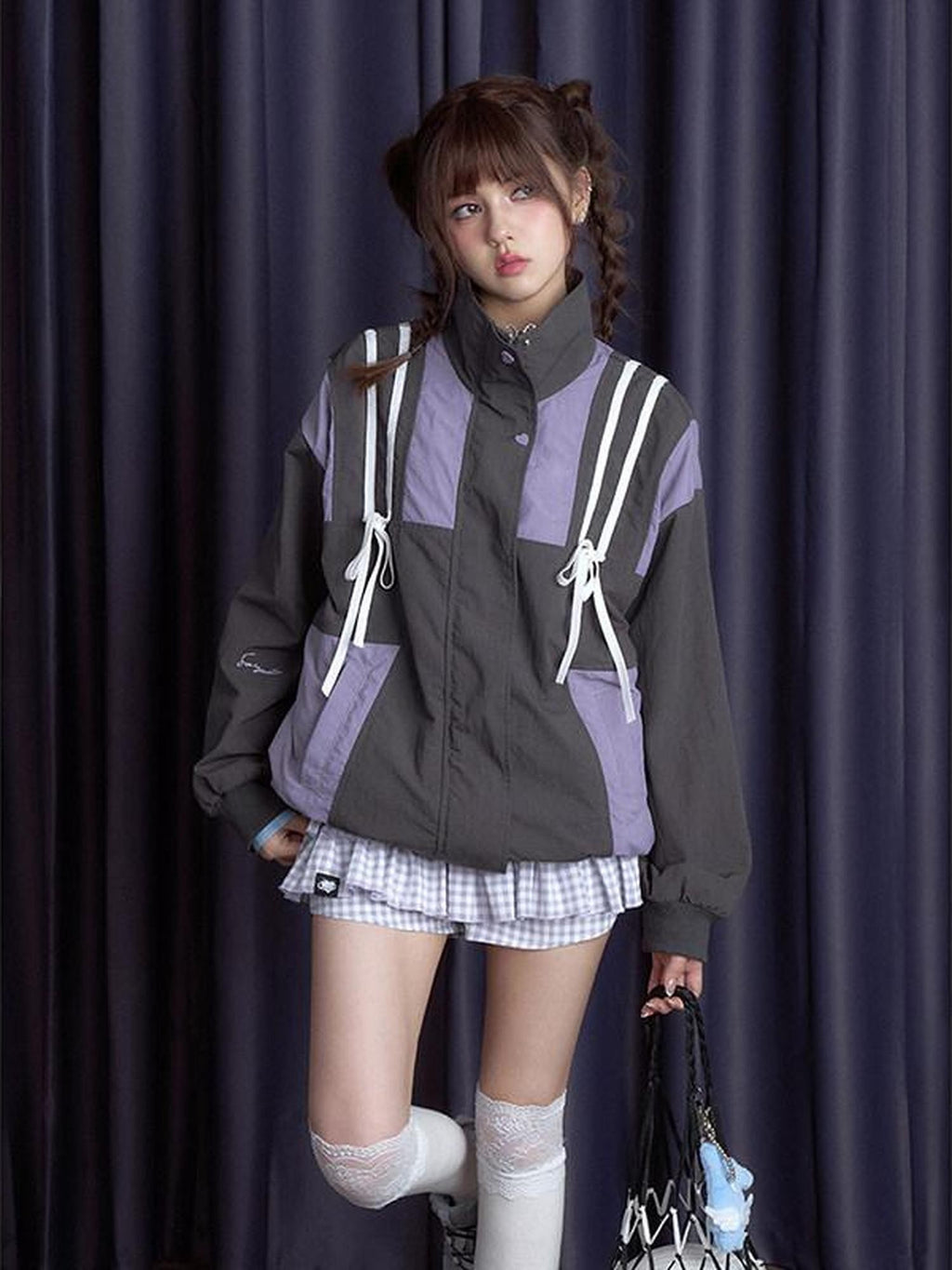 SagiDolls Gray Purple Zippered Colorblock Asymmetric Women's Nylon Windbreakers