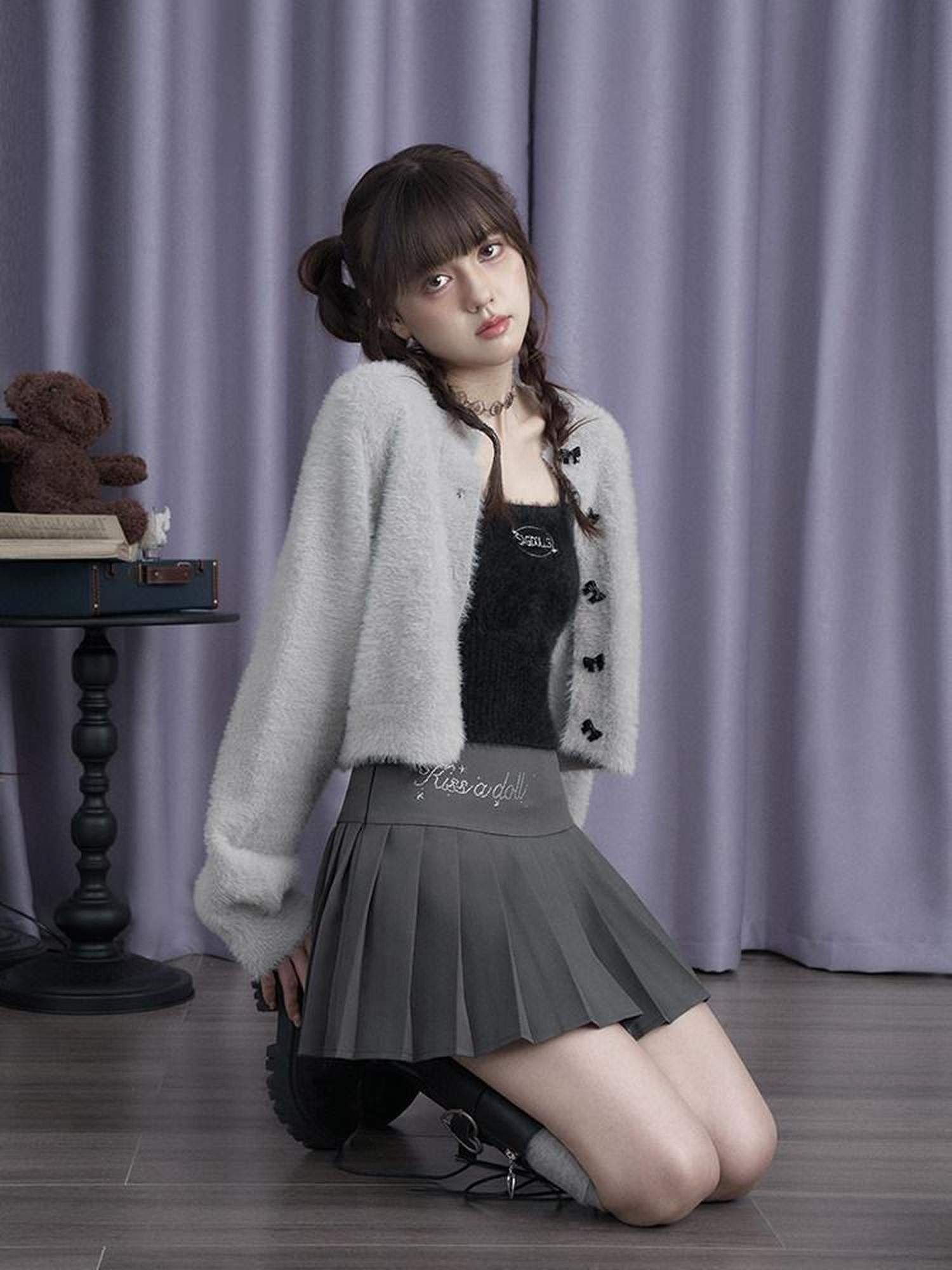 SagiDolls Gray Rhinestone High Waist Lined A Line School Women's Polyester Pleated Skirts