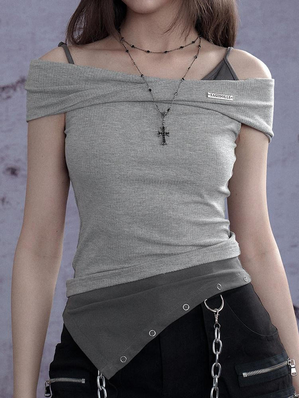SagiDolls Gray Spliced Faux Layered Straight Neck Slim Fit Women's Viscose Blend Tank Tops
