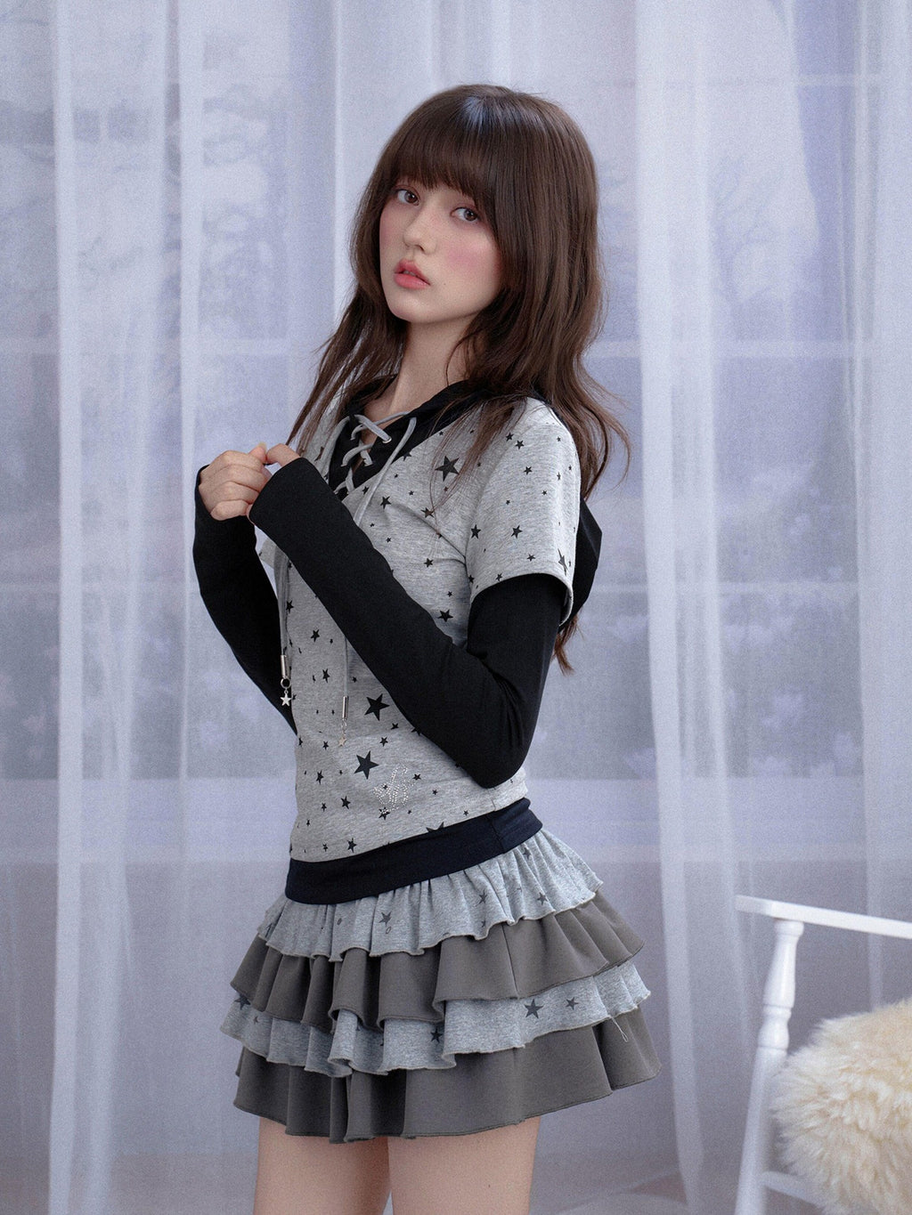 SagiDolls Gray Star Cross Print Faux Two Piece Hooded Women's Cotton Long Sleeve T-shirts