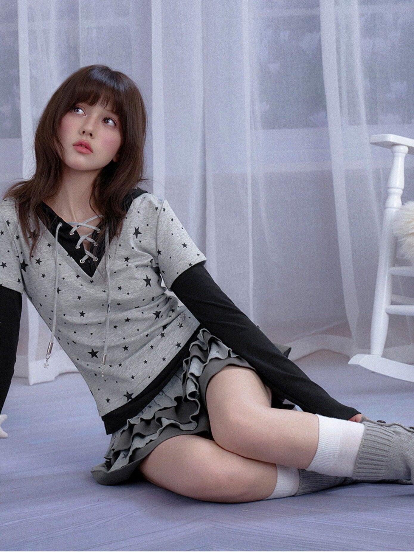 SagiDolls Gray Star Cross Print Faux Two Piece Hooded Women's Cotton Long Sleeve T-shirts