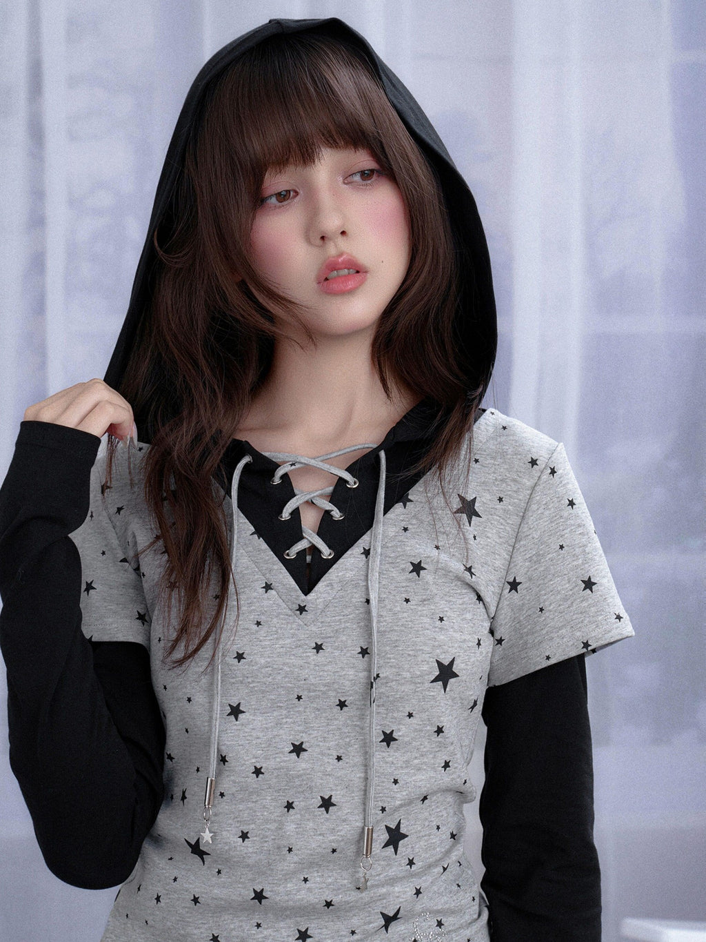 SagiDolls Gray Star Cross Print Faux Two Piece Hooded Women's Cotton Long Sleeve T-shirts