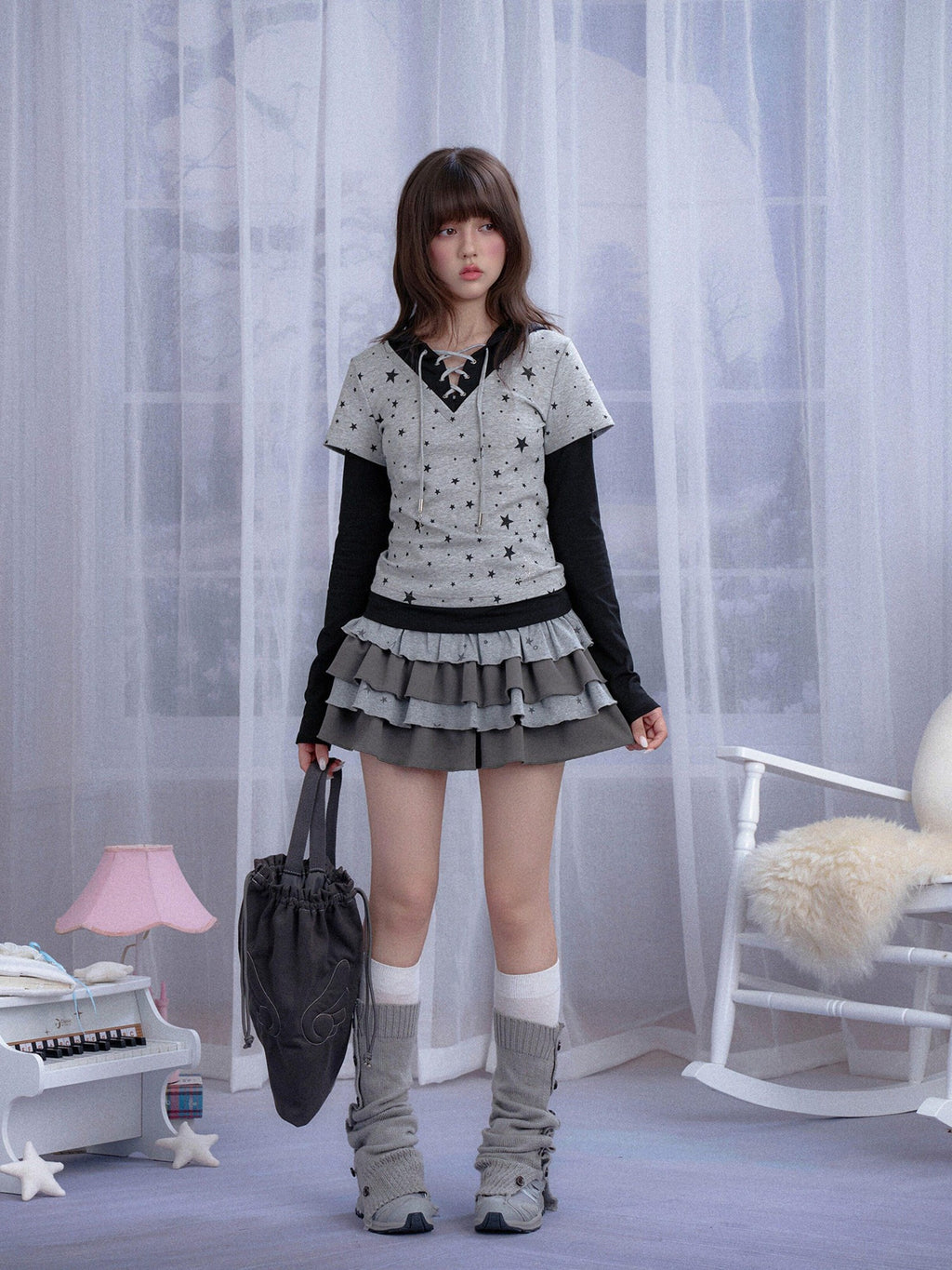 SagiDolls Gray Star Cross Print Faux Two Piece Hooded Women's Cotton Long Sleeve T-shirts