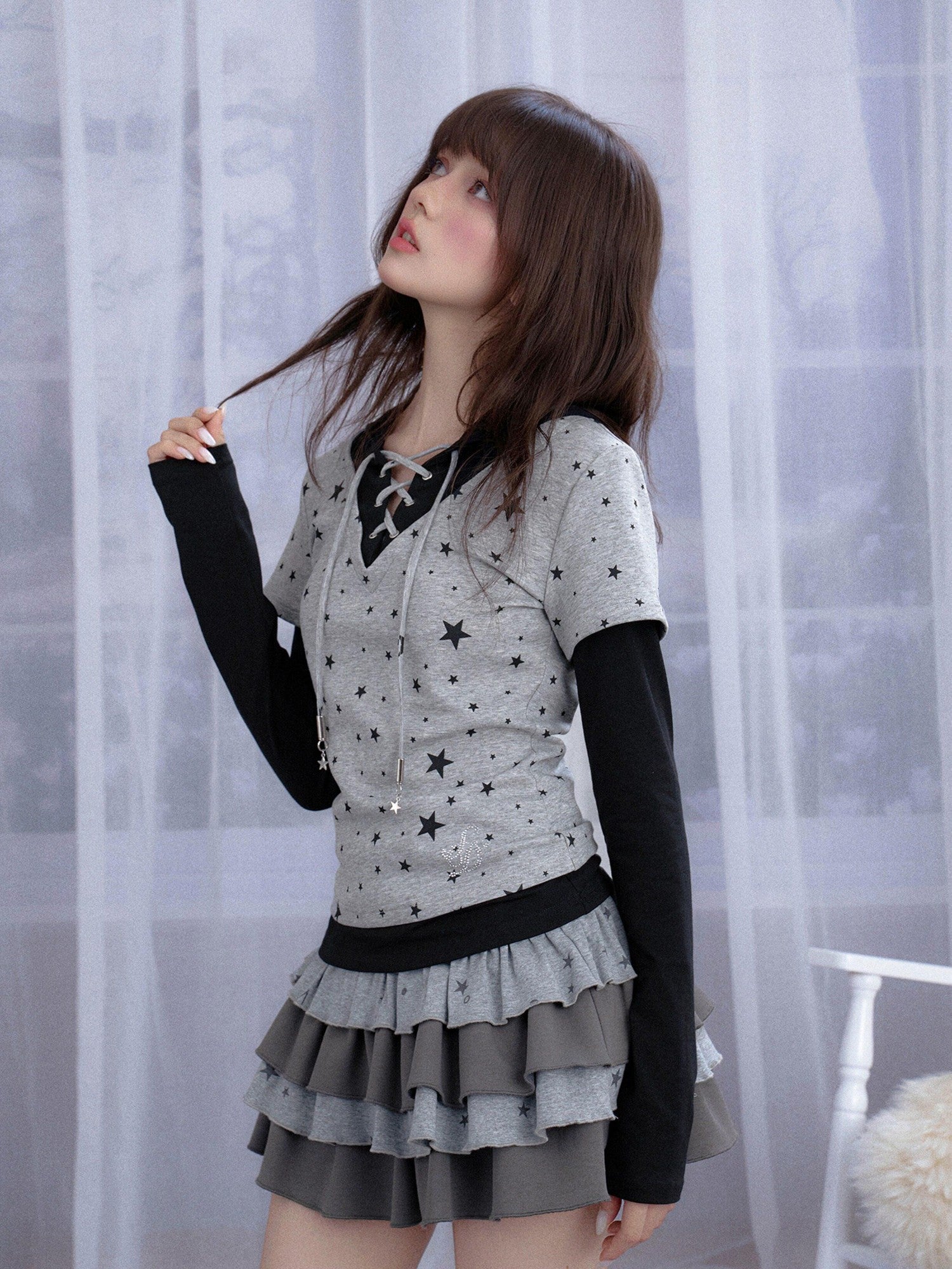 SagiDolls Gray Star Cross Print Faux Two Piece Hooded Women's Cotton Long Sleeve T-shirts