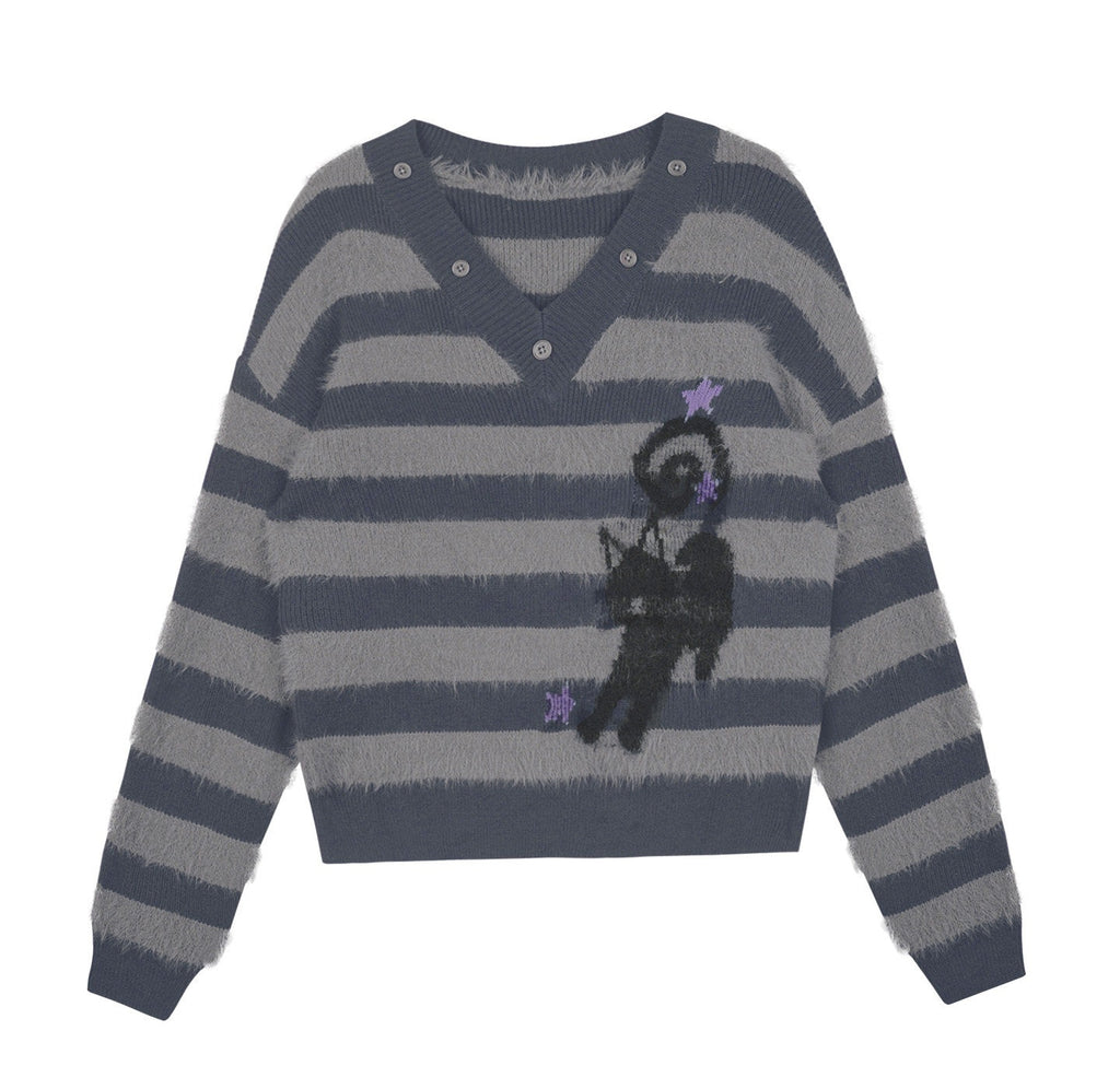 SagiDolls_Gray_Striped_Jacquard_Cat_V-neck_Women's_Faux_Mink_Knit_Sweaters_995012038580_MISSTT