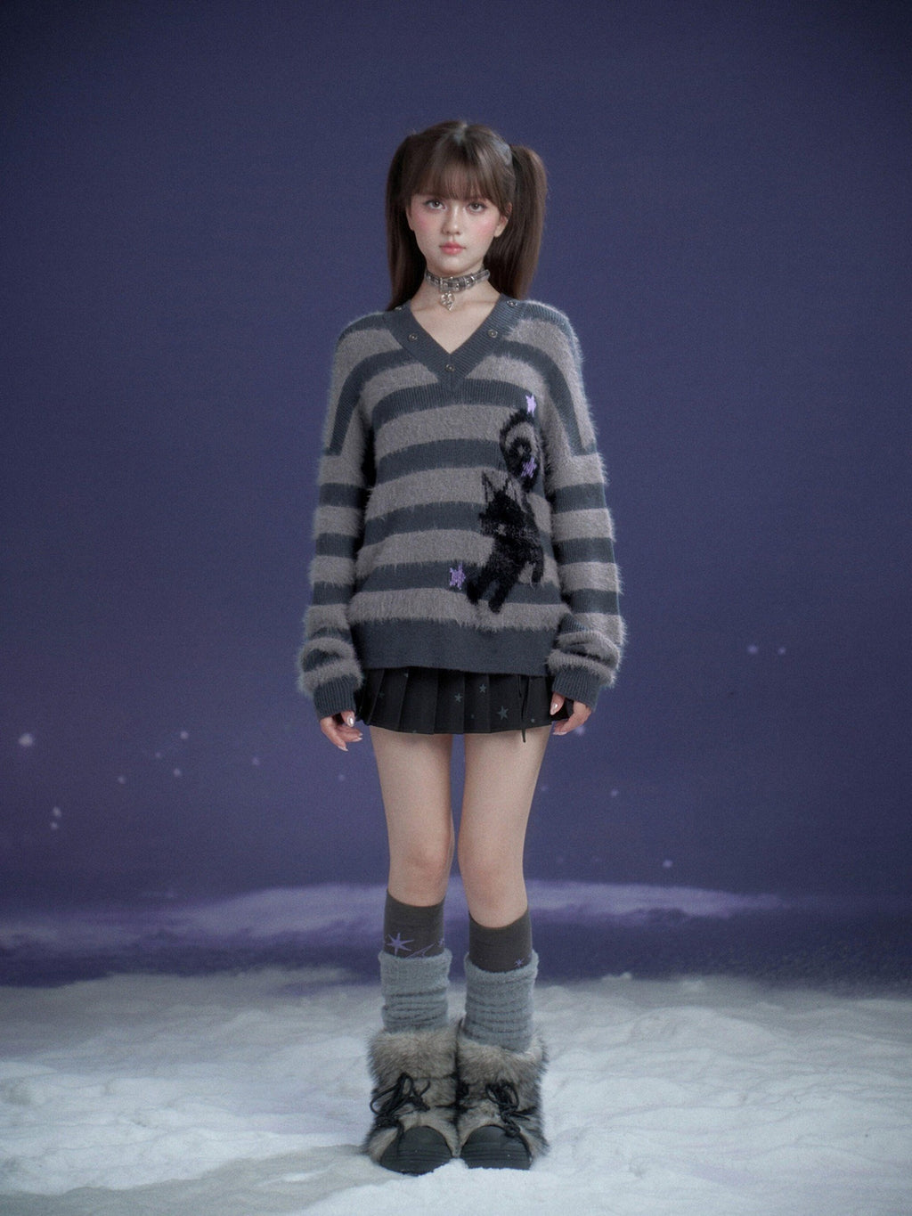 SagiDolls Gray Striped Jacquard Cat V-neck Women's Faux Mink Knit Sweaters