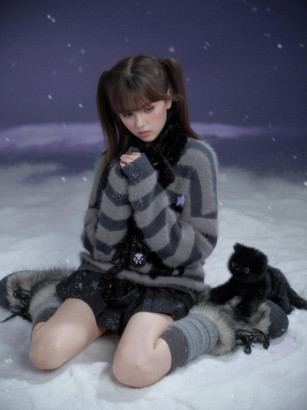 SagiDolls Gray Striped Jacquard Cat V-neck Women's Faux Mink Knit Sweaters