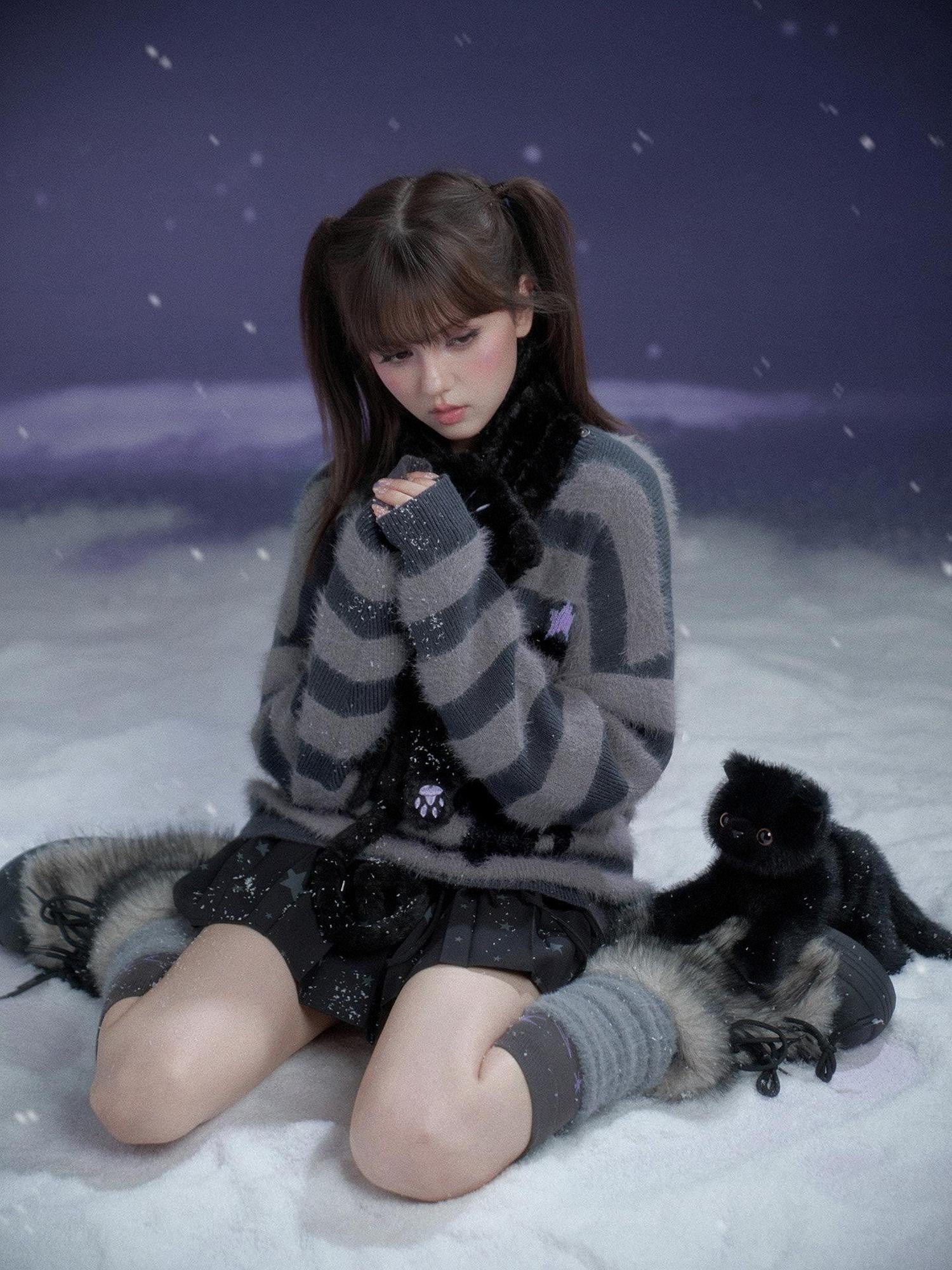 SagiDolls Gray Striped Jacquard Cat V-neck Women's Faux Mink Knit Sweaters