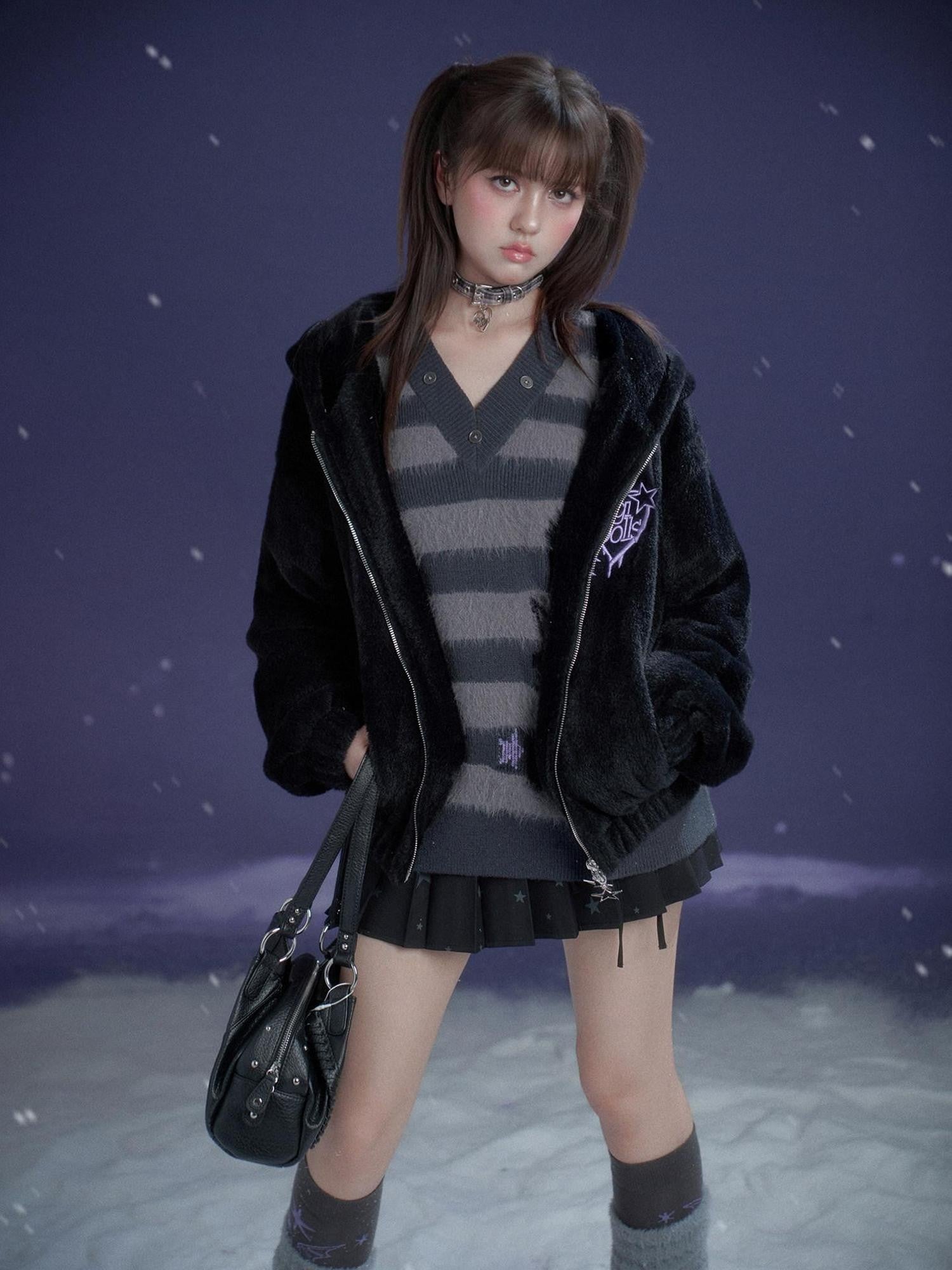 SagiDolls Gray Striped Jacquard Cat V-neck Women's Faux Mink Knit Sweaters