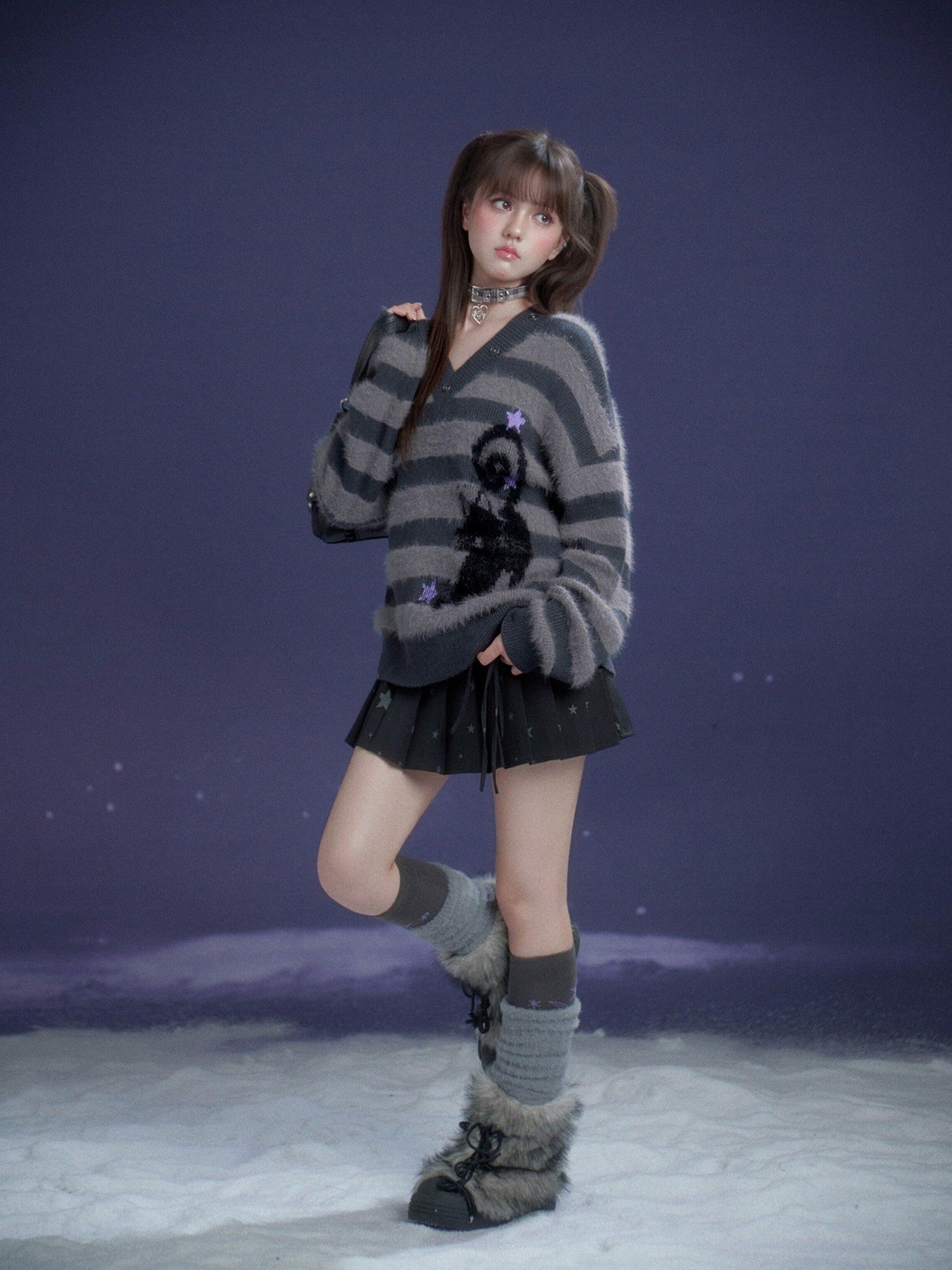 SagiDolls Gray Striped Jacquard Cat V-neck Women's Faux Mink Knit Sweaters