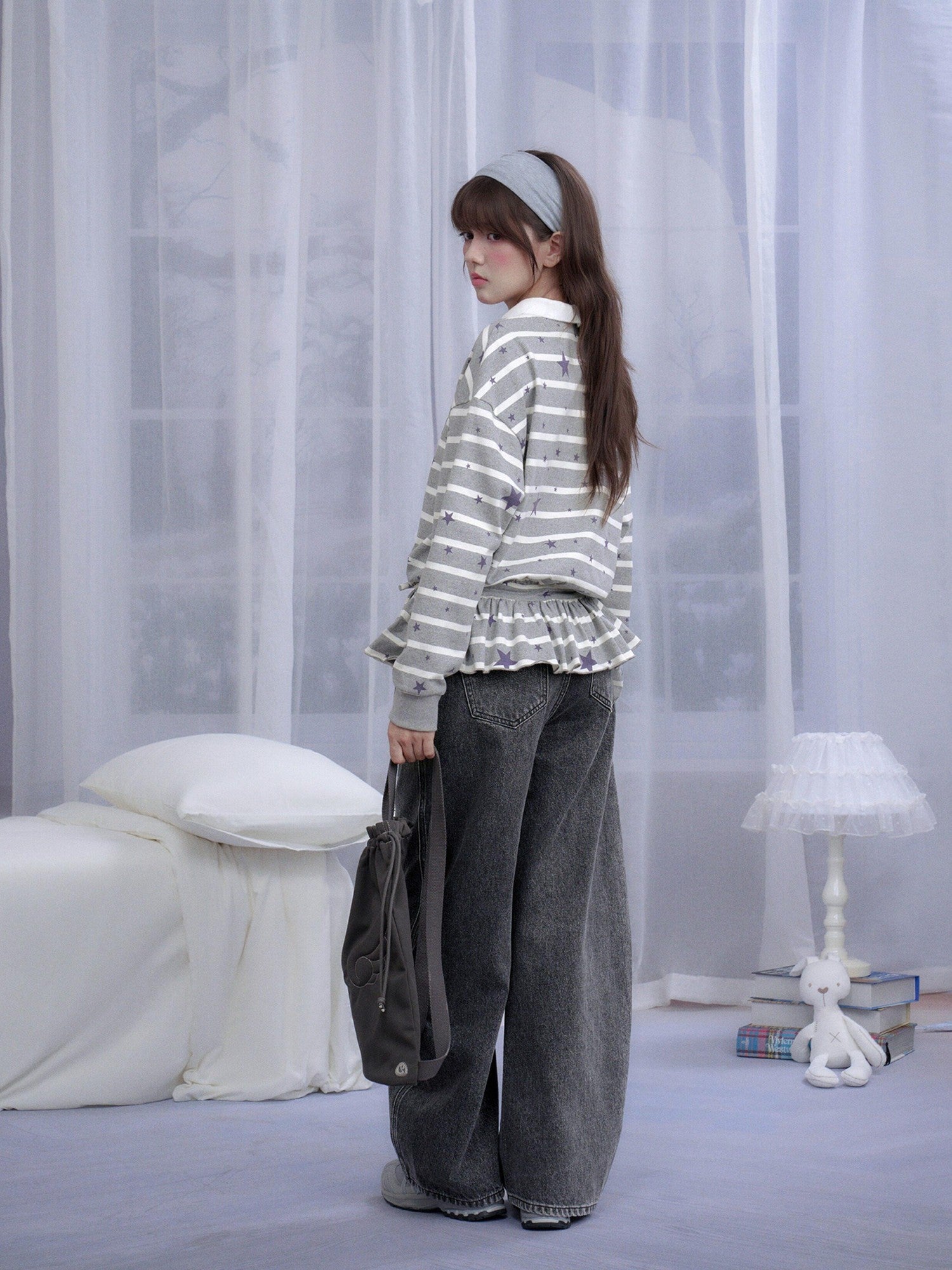 SagiDolls Gray Striped Star Print Embroidered Polo Women's Cotton Long Sleeve T-shirts