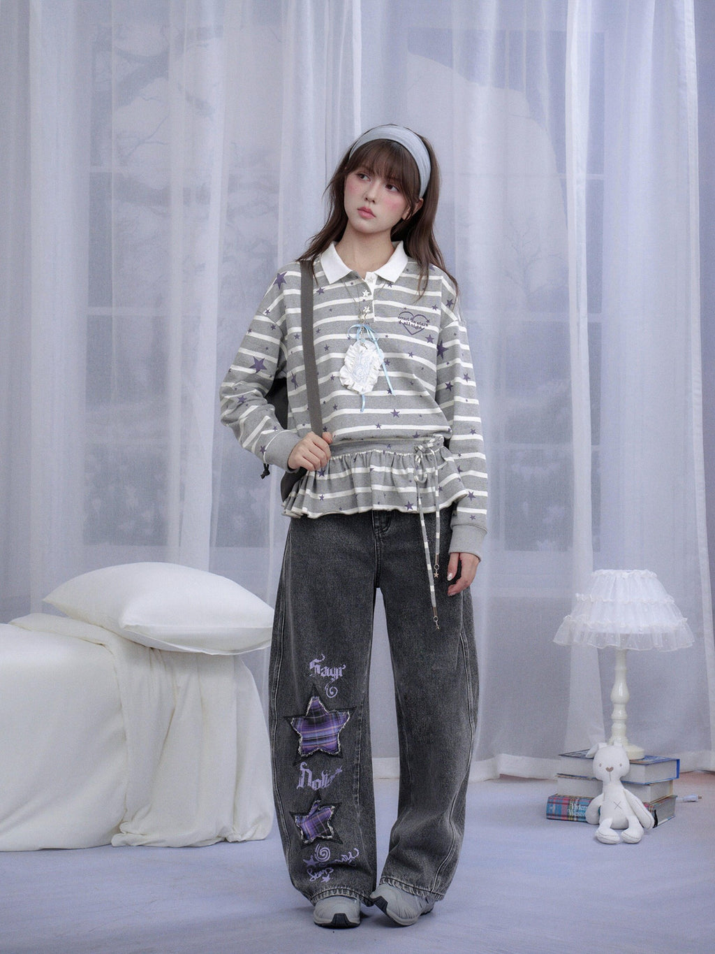 SagiDolls Gray Striped Star Print Embroidered Polo Women's Cotton Long Sleeve T-shirts