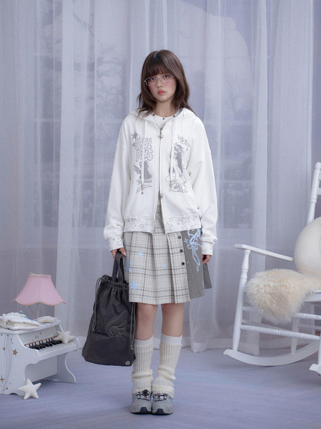 SagiDolls Gray White Plaid Graffiti Asymmetric Women's Polyester Pleated Skirts