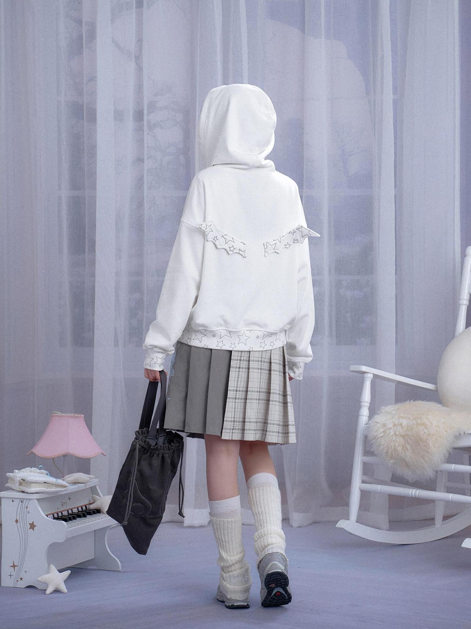 SagiDolls Gray White Plaid Graffiti Asymmetric Women's Polyester Pleated Skirts