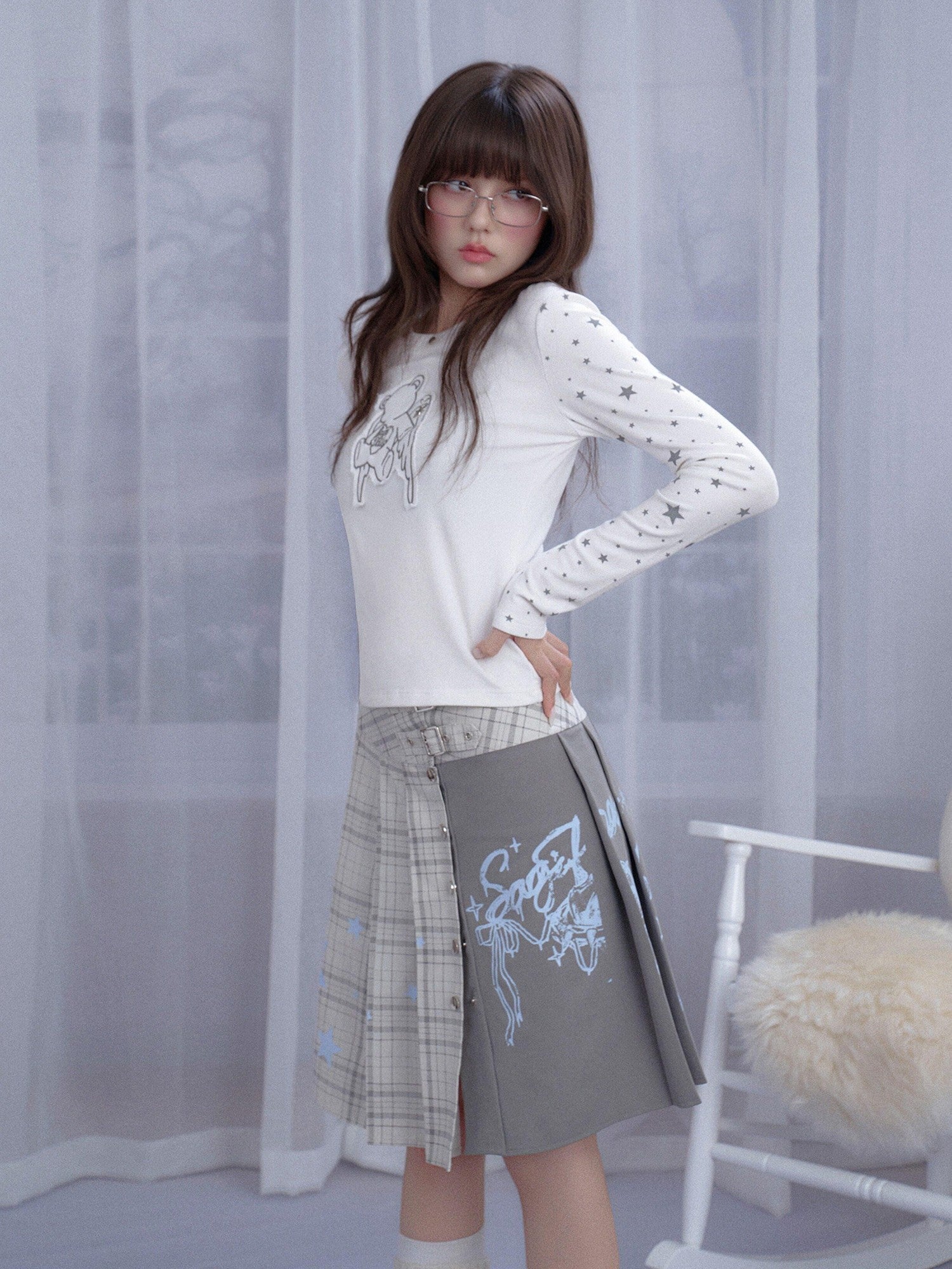 SagiDolls Gray White Plaid Graffiti Asymmetric Women's Polyester Pleated Skirts