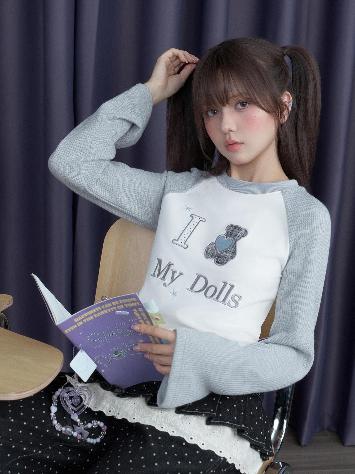 SagiDolls Gray White Spliced Plaid Bear Embroidered Women's Cotton Long Sleeve T-shirts